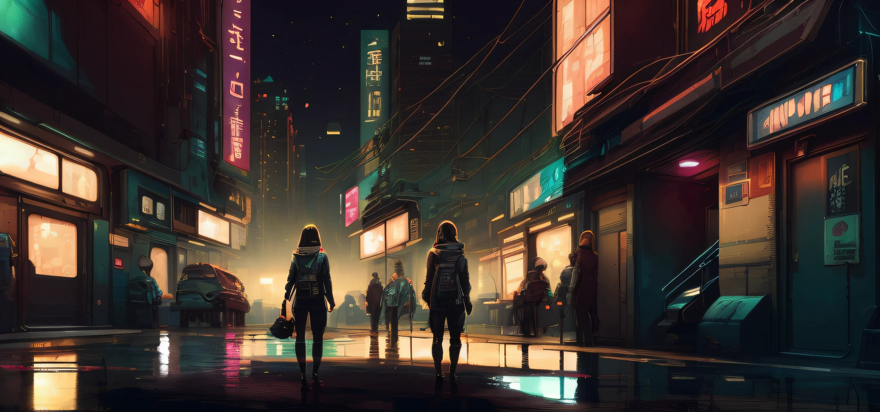 a painting of a living room interior, extremely detailed illustration , spaceport, interior paintings, interior paintings-view, interior wood
a woman standing on a city street at night, cyberpunk art, inspired by Liam Wong, digital art