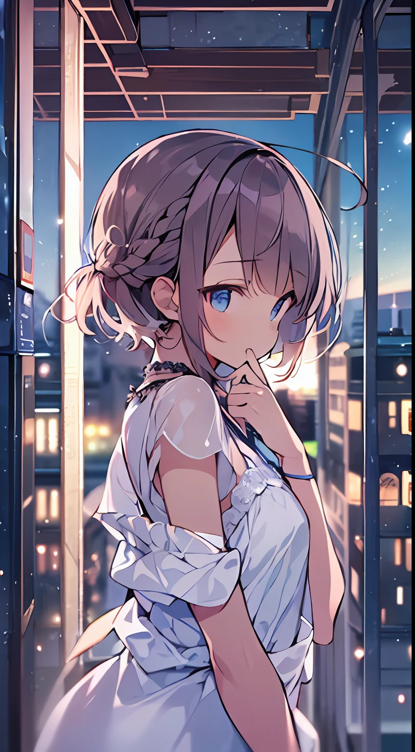masutepiece, Best Quality,Illustration, Wallpaper, Ultra Detail, absurderes, 1loli, Solo, (Medium short hair、short braided hair), Beautiful detailed eyes , (Street), luminous sky,(a panoramic view:1.3),(Sense of depth:1.5)