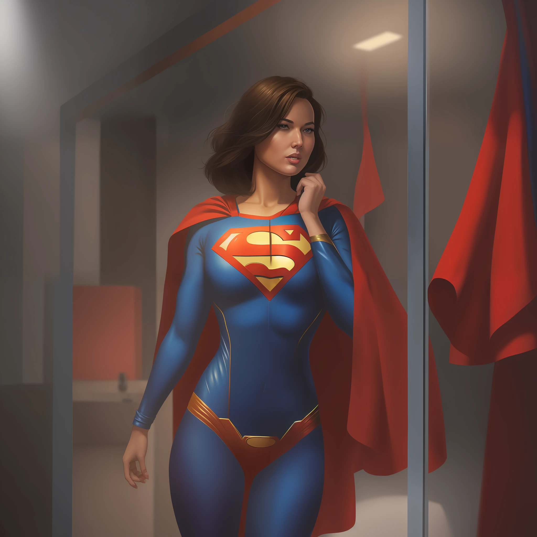 araffe woman in a superman costume standing in a bathroom, artgerm and atey ghailan, artgerm jsc, commission for high res, drawn in the style of artgerm, inspired by stanley artgerm, style artgerm, extremely detailed artgerm, alena aenami and artgerm