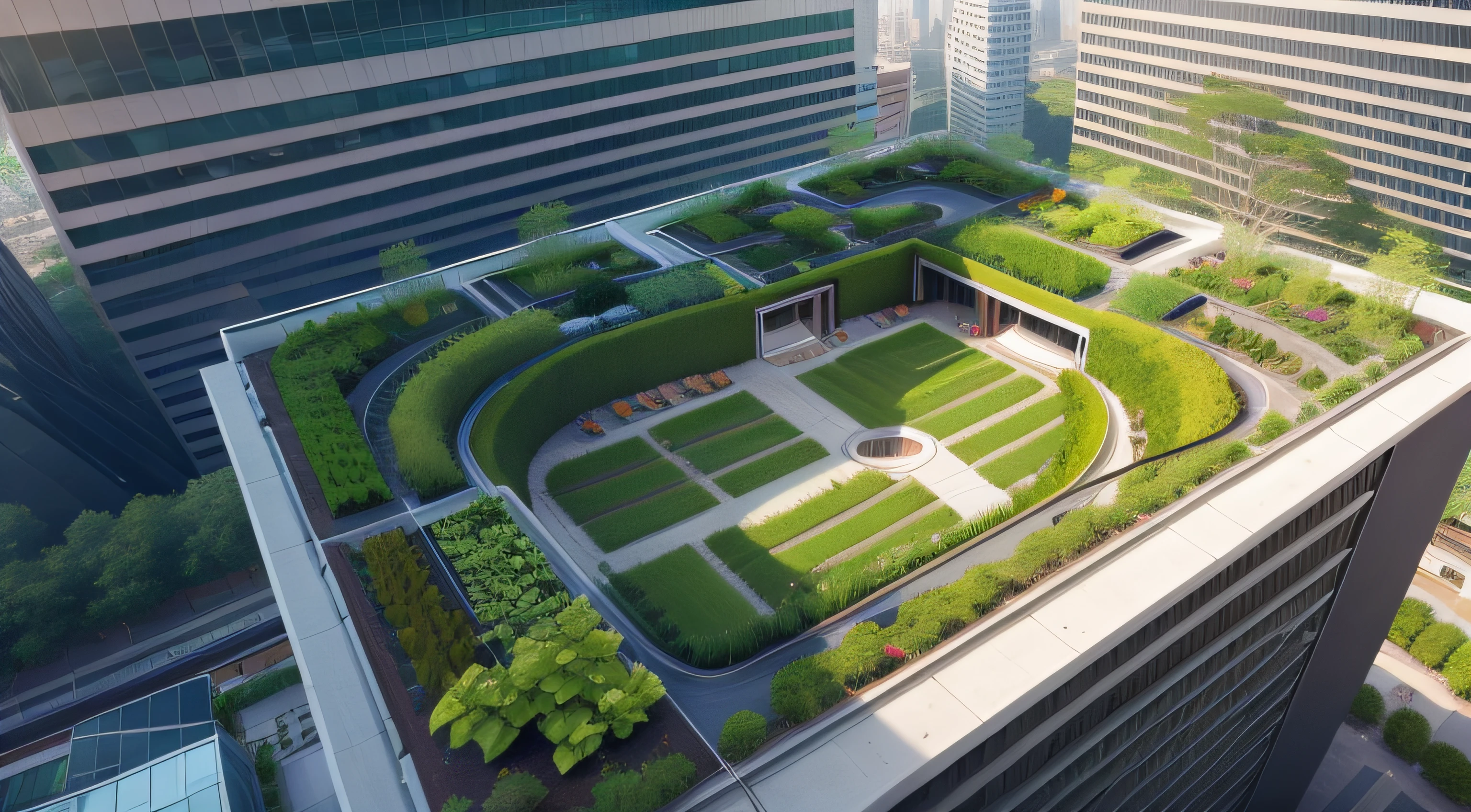 High angle view of green roof- garden in a big city