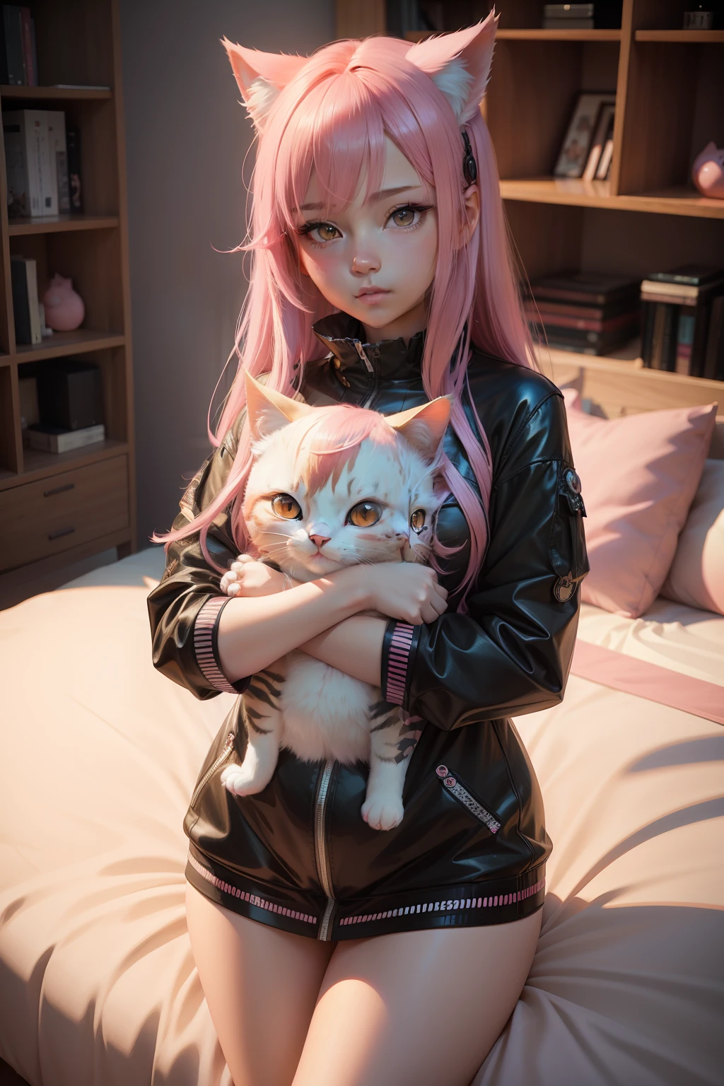 Pink hair anime girl with kitten and stuffed animal, artwork in the style of guweiz, realistic anime 3 d style, Anime style. 8K, cute anime catgirl, kawaii realistic portrait, Anime Realism Style, anime styled 3d, 3 d anime realistic, Very Beautiful Anime Cat Girl, guweiz, beautiful anime catgirl