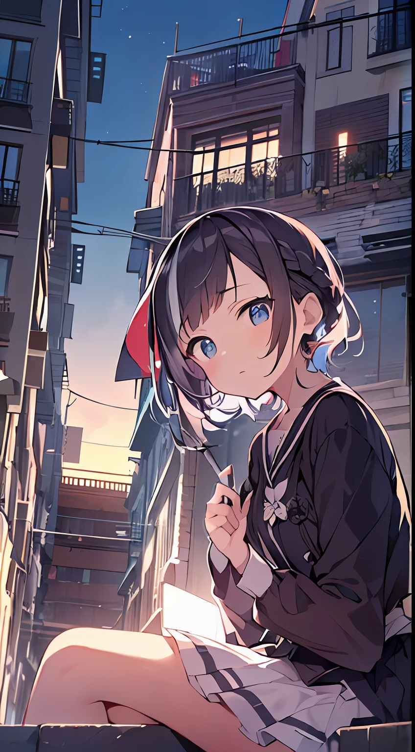 masutepiece, Best Quality,Illustration, Wallpaper, Ultra Detail, absurderes, 1loli, Solo, (Medium short hair、short braided hair), Beautiful detailed eyes , (Street), luminous sky,(a panoramic view:1.3),(Sense of depth:1.5)