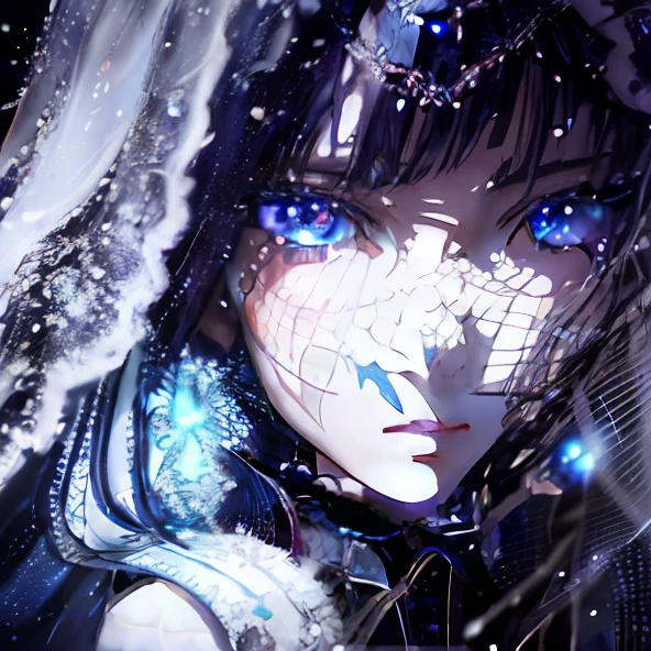 Anime girl with blue eyes and veil in the snow, gothic maiden anime girl, nightcore, intricate ornate anime cgi style, blue shining eyes, Stunning anime face portrait, Blue-eyed dark Gothic queen, beautiful fantasy anime, Detailed digital anime art, Anime fantasy artwork, sparkling blue eyes, Anime fantasy illustration, Beautiful anime face, a beautiful anime portrait, ethereal anime