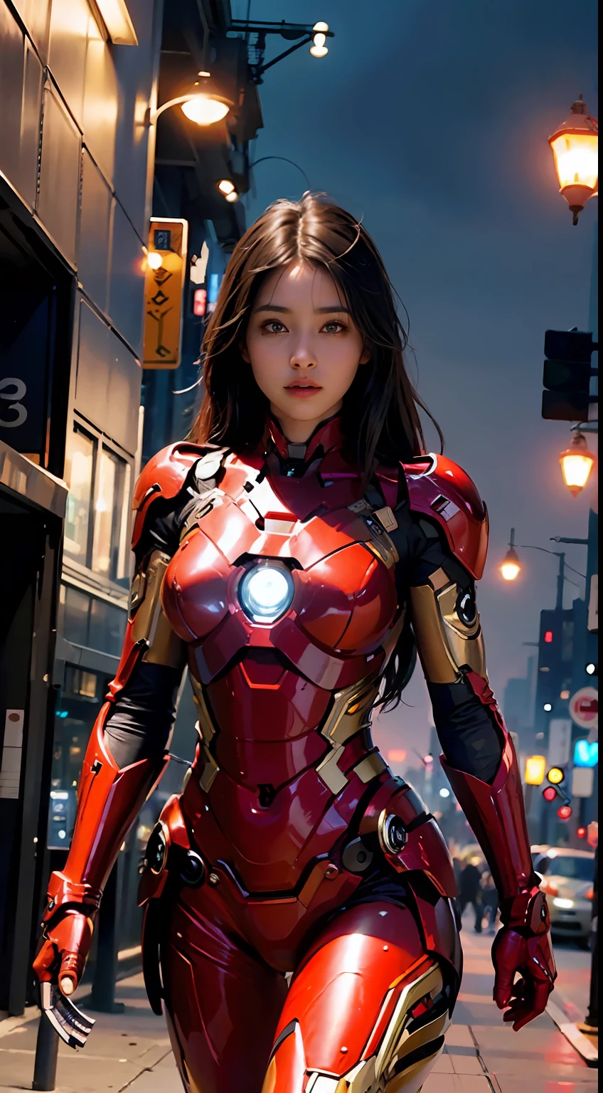 8k, realistic, attractive, highly detailed, a 20 year old girl a sexy and attractive woman inspired by Iron Man wearing a shiny Iron Man mech. She dresses with sexiness and confidence, perfectly interpreting Iron Man's strength and charisma. In a cyberpunk-style city night scene, a sexy and attractive woman takes Iron Man s cosplay as the theme. Wearing a shiny Iron Man mech, she stands on a street lined with tall buildings. The night lights of the city are bright, reflecting on her mecha, adding a sense of future technology. The surrounding buildings and streets are full of cyberpunk elements, such as neon lights, high-tech devices and futuristic architectural designs. The whole scene is full of futuristic and sci-fi atmosphere. This high-definition, high-quality picture will bring you stunning visual enjoyment, a perfect combination of sexy, futuristic and sci-fi elements. oc rendering, dramatic lighting, award winning quality