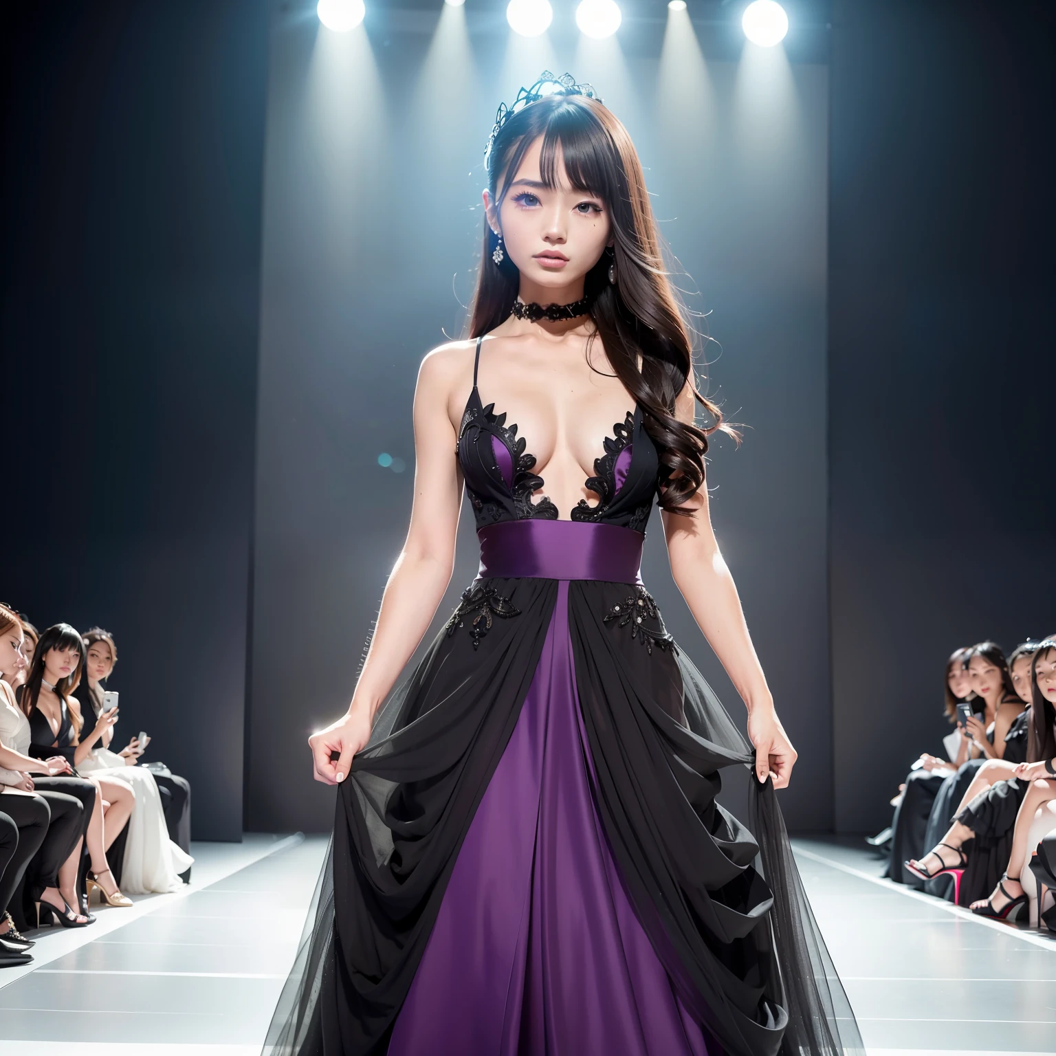 femele,18-20 years old,(digital model:Nanako Matsushima 1.8),(Thin bone face,s delicate face),com rosto detalhado,(Delicate Japanese makeup),Beautiful face,hyperdetailed face,Black colored eyes,(Look into the distance),Long hair micro-curls,(Windswept hair,Messy has layers),Flaming red lips,Fair smooth skin,(Best Skin Type:1.21),mediuml breasts,(Luxurious haute couture dresses,Purple dress,shift dresses,wedding gown,choker necklace,high-heels),((Outdoor catwalk,Tokyo fashion show,Kansai Hanakui Grand Prize),(neonlight,The audience in the audience,The model behind him,Various lights),Stage performances),masterpiece1.3,((Hasselblad photograp)),(Vista view of the catwalk,Full body photo),(The picture is subtle and elegant),8K分辨率, physically-based renderingt,Dynamic Angle,Dynamic pose,Floating feeling,动态照明,Exquisite stage details,详细的脸,The picture is pure,perfect hand,Perfect posture,Ultra-fine makeup,Ultra-fine clothing material