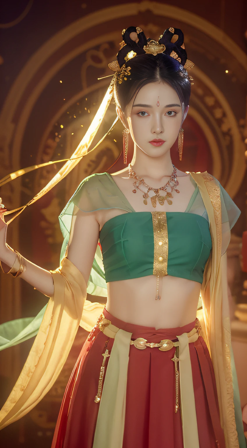 (8k, RAW photo, best quality, tmasterpiece:1.2), (realistic, photo-realistic:1.4), (Extremely detailed CG unity 8k wallpaper), (1 girl:1.5),Beauty of the Western Regions,(Red clothes:1.4),There are red spots on the forehead,Pale skin,Blushlush,largeeyes,full bodyesbian,upper legs,Open navel,Gold-tone waist chain,golden ornaments,Flying ribbons,Particle,The background is the ancient city of Loulan, Ancient city walls,A desert,Flying、dunhuang、Buddhism、、Dark green transparent bracelet、lotus flower、eye shadows、Blushlush