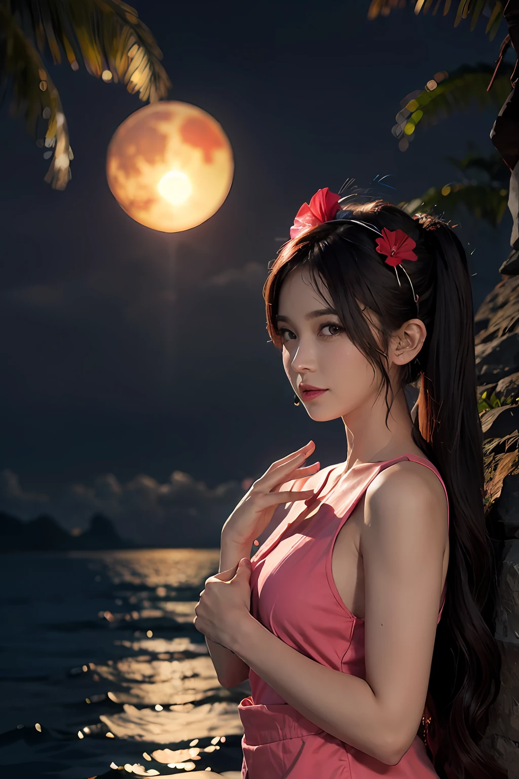 hibiscus Moon with water drops,neon glow, random background, sun rise, bokha mood