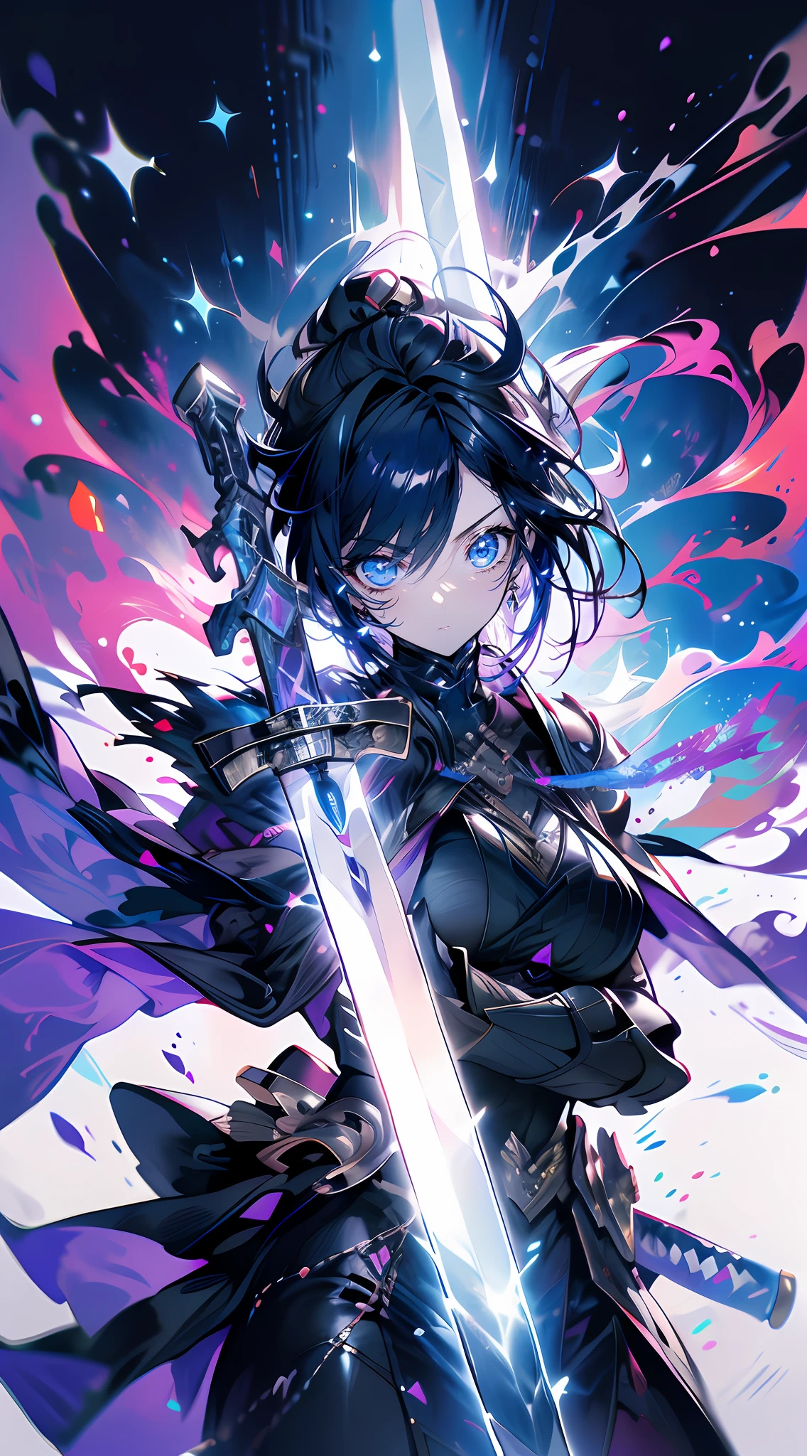 (There is a figure painting of a man with hair,swordsmen,up-close,Armor) ;swordsmen,cyber punk perssonage,The sword