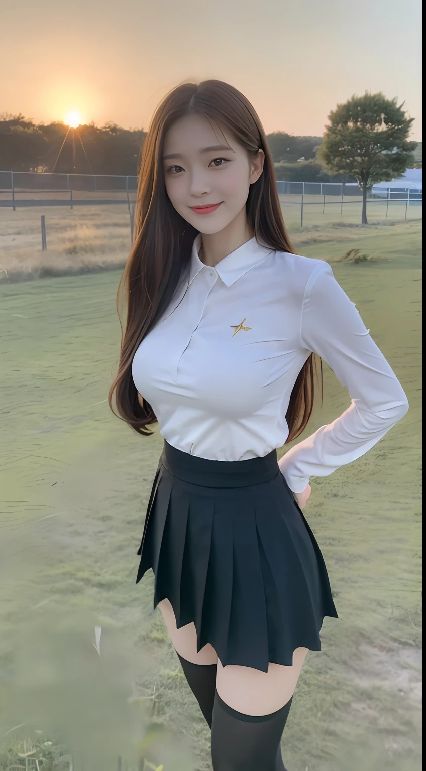 (1 Korean star with royal sister style), ((Best quality, 8K, 巨作: 1.3)), focal point: 1.2, Perfect body proportions: 1.4, (Make a smile), (Sunset: 1.3), Watery eyes, Highly Detailed Face and Skin Textur, Fine eyes, Double eyelids, Whitens the skin, (long whitr hair, Air bangs: 1.3), (Round face inches: 1.5), (Compassionate 1.4),Wear a pleated skirt and a tight body-shirt(Sketch 1:2,) black lence stockings(grassy fields,suns,clouds,Tano,farms,starlights,footpath)are standing
