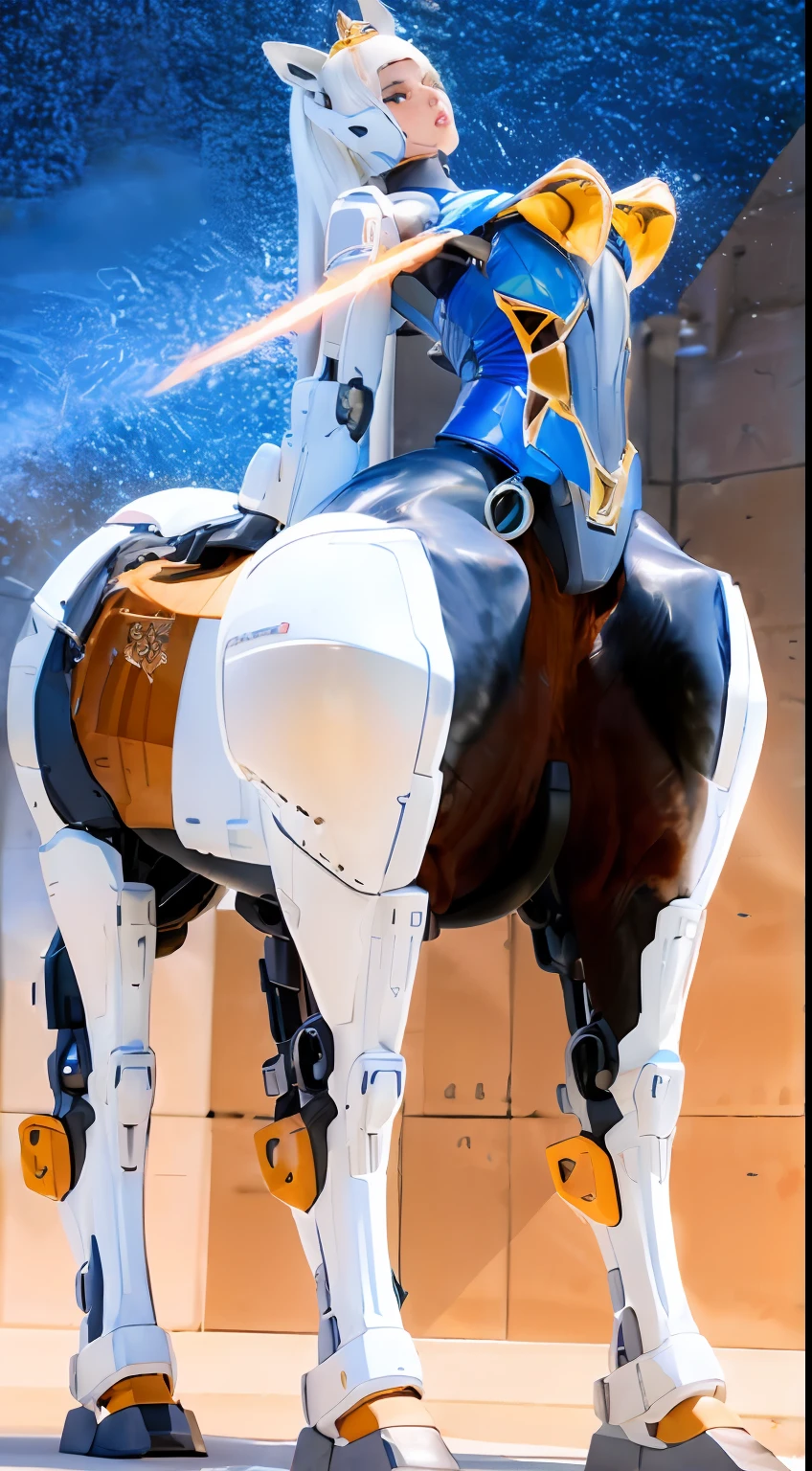 A female centaur，She is famous in the multiverse，She is both a female centaur, half human, half horse, half horse，It is also a female Yingzhao。She blends both images，The first is the head of a horse/neck/Shoulder these parts，After feminization，The upper body transforms into a beautiful female human，Female, half-centaur, half-human, half-horse, half-human，The second is the waist of the horse/hason/gluteal/Legs feminine，Female half-horse with beautiful woman's，Chimer，It's like a female human wearing a half-horse-like costume and making a seamless chimera，This chimerization is based on powerful futuristic technology。The ultra-wide-angle lens captures the image of her sleek and ethereal wings charging and leaping on the ionosphere。Her front half is distinctly feminine，Tall sexy body，Has K cup teardrop-shaped giant tit chest，It has a small man's waist butterfly spanning long legs，The half-horse part of the hind body，Embedded interface in the front half of the body hip position。The horse-shaped, half-horse torso form of her back body is completely female and humanized。A sexy bent dog-style shaped ribcage embedded in the lower back position of the beautiful woman's body from the upper end of the sternum/lower back/Ventral transverse。Then there are the sexy beauty's upright hips，Her entire body has been completely feminized，Including the half-horse part。Mechanized armor covers the legs with knee-shaped anti-joints and feet，And these parts are highly anthropomorphic，This makes her legs graceful and slender，Her four horse legs exploded in length proportions and was slender and toned，Under the legs are skinny white feet dressed in Skyscraper Heels，Use Midjourney's advanced stroke tools and color palettes, as well as texture packs, model packs, and texture tools，Concentration，Femaleize all parts of her original equine physiologic appearance，And give these parts an ergonomic appearance，Fine treatment of the thoracic and abdominal cavity of the posterior body，As well as hips and