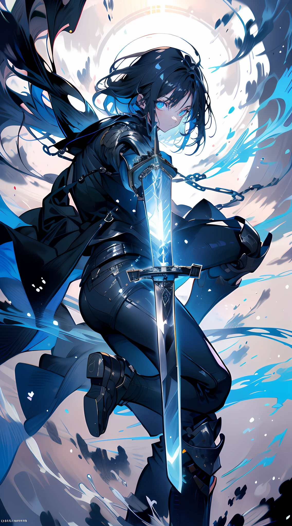 (There is a figure painting of a man with hair,swordsmen,up-close,Armor) ;swordsmen,cyber punk perssonage,The sword