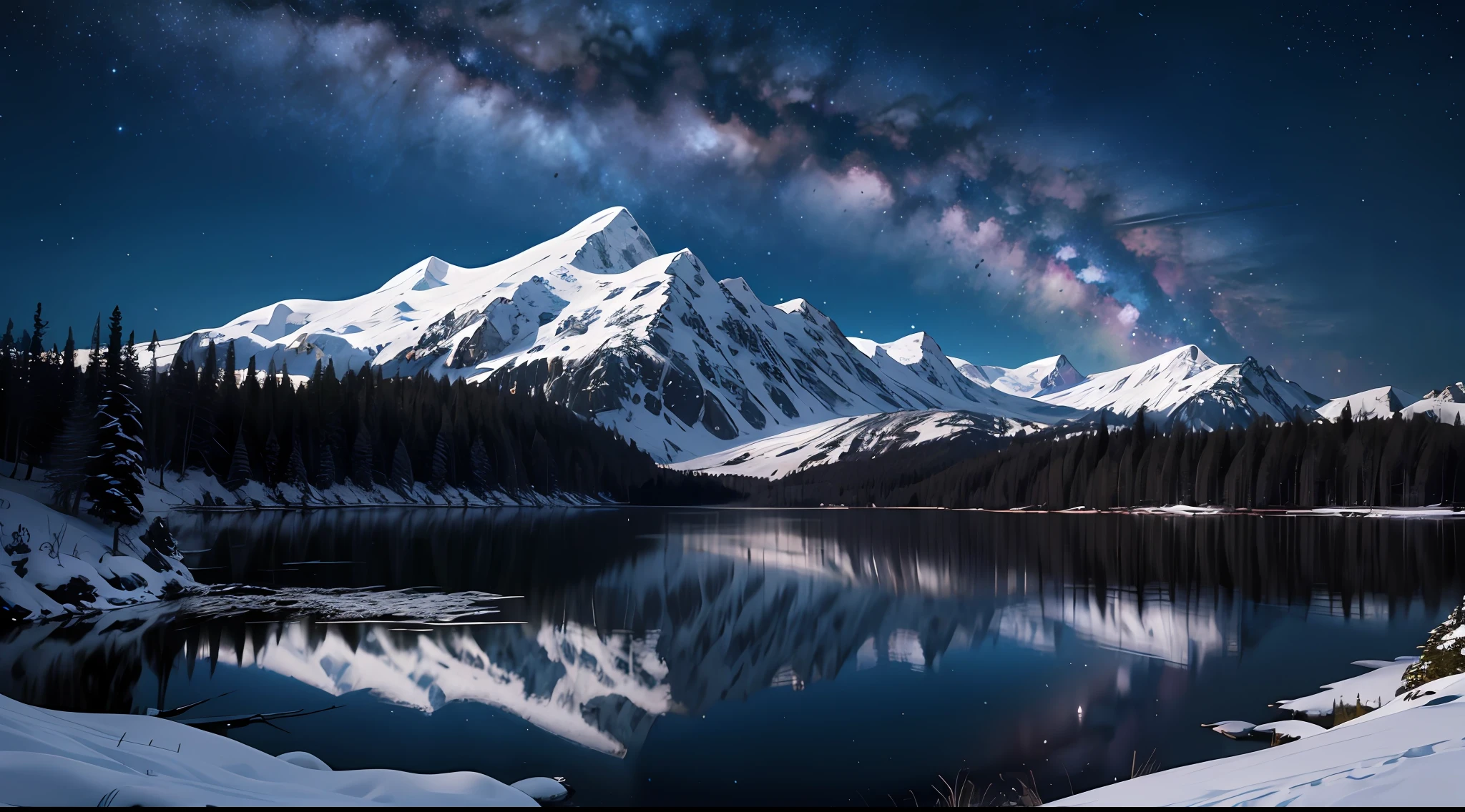 8K, super resolution, extreme rendering, evening, snowy mountains, starlight, Milky Way, deep forest, lake, Moon,