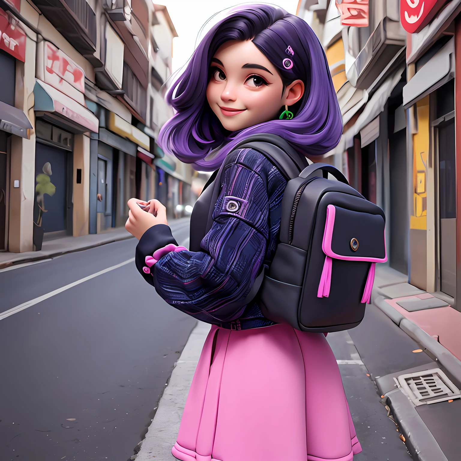 uma menina jovem, Seu cabelo esta solto, com rendas delicadas, tom verde neon com madeixas cinza e preto claro, roupas leves, mochila, fone de ouvido, dread's roxo escuro, corpo inteiro, The background is filled with an urban tone, evoking a sense of lightness and happiness.