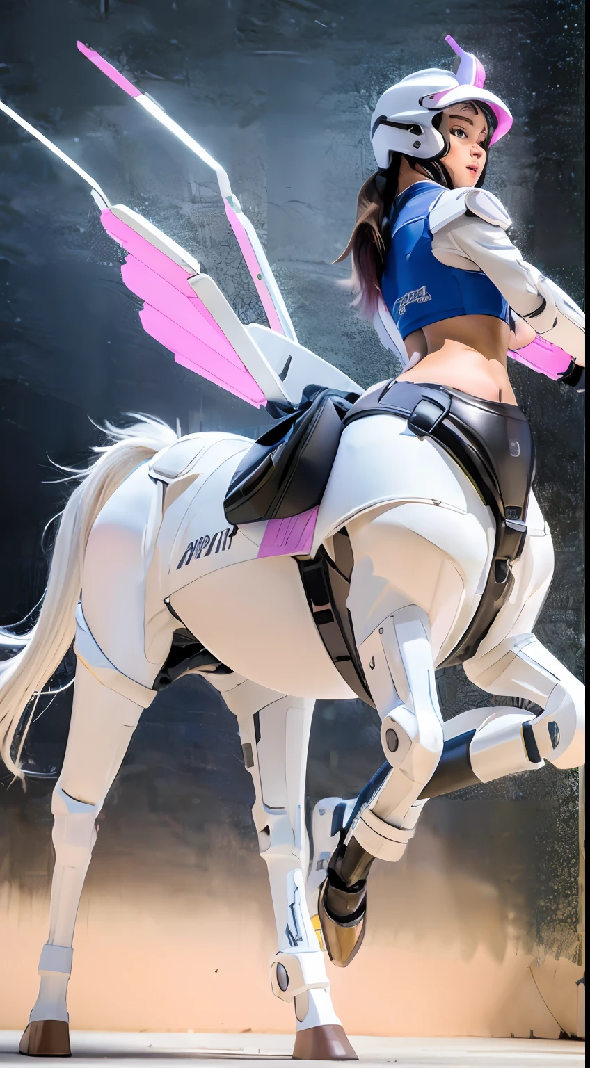 A female centaur,She is famous in the multiverse,She is both a female centaur, half human, half horse, half horse,It is also a female Yingzhao。She blends both images,The first is the head of a horse/neck/Shoulder these parts,After feminization,The upper body transforms into a beautiful female human,Female, half-centaur, half-human, half-horse, half-human,The second is the waist of the horse/hason/gluteal/Legs feminine,Female half-horse with beautiful woman's,Chimer,It's like a female human wearing a half-horse-like costume and making a seamless chimera,This chimerization is based on powerful futuristic technology。The ultra-wide-angle lens captures the image of her sleek and ethereal wings charging and leaping on the ionosphere。Her front half is distinctly feminine,Tall sexy body,Has K cup teardrop-shaped giant tit chest,It has a small man's waist butterfly spanning long legs,The half-horse part of the hind body,Embedded interface in the front half of the body hip position。The horse-shaped, half-horse torso form of her back body is completely female and humanized。A sexy bent dog-style shaped ribcage embedded in the lower back position of the beautiful woman's body from the upper end of the sternum/lower back/Ventral transverse。Then there are the sexy beauty's upright hips,Her entire body has been completely feminized,Including the half-horse part。Mechanized armor covers the legs with knee-shaped anti-joints and feet,And these parts are highly anthropomorphic,This makes her legs graceful and slender,Her four horse legs exploded in length proportions and was slender and toned,Under the legs are skinny white feet dressed in Skyscraper Heels,Use Midjourney's advanced stroke tools and color palettes, as well as texture packs, model packs, and texture tools,Concentration,Femaleize all parts of her original equine physiologic appearance,And give these parts an ergonomic appearance,Fine treatment of the thoracic and abdominal cavity of the posterior body,As well as hips and