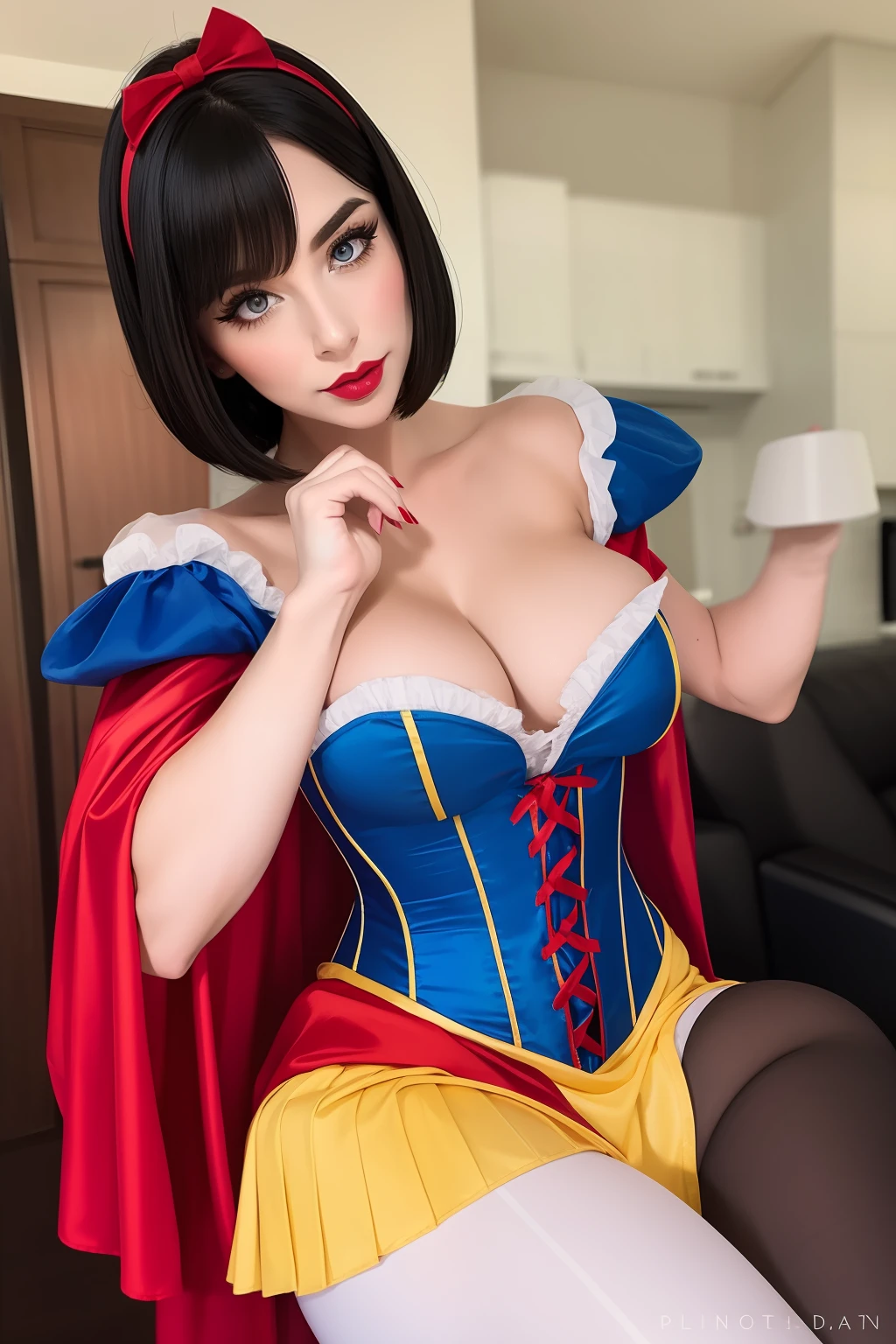 Beautiful woman, snow white cosplay, blue corset, yellow pleated skirt, red and white slashed shoulder sleeves, black bob hair, red headband, red cape, silk, satin, photorealistic, masterpiece, best quality, beautifully detailed face, detailed skin, white leggings, sexy