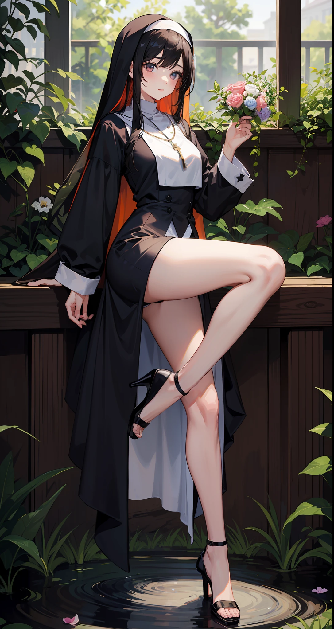 ((full bodyesbian)), Young nun walking, extremely long black hair, ((Charming, self-assured)), vine、Flowers and water creeks, Sharp shadows, Vivid colors, rays of sunshine, [black heels，With ankle strap], Natural pose,