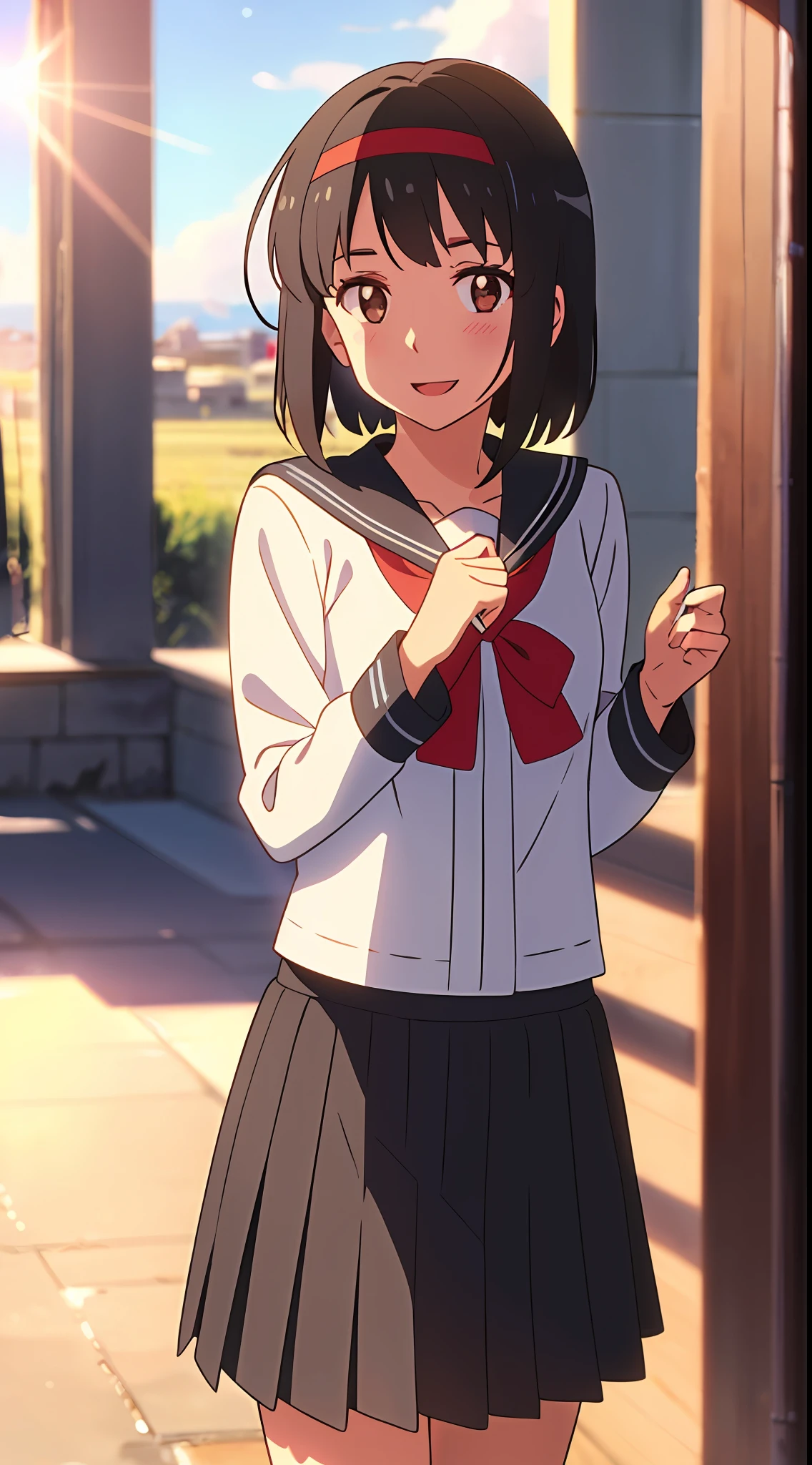 shinkai makoto, kimi no na wa., 1girl, bangs, black hair, blush, brown eyes, sky, cloud, sailor collar, black sailor collar, sailor color, black sailor color, serafuku, looking at the viewer, outdoors, headband, red headband, ribbon, red ribbon, bow, red bow, school uniform, short hair, solo, shirt, white shirt, skirt, black skirt, pleated skirt, long sleeves, smile, happy, open mouth, lens_flare, afternoon hangout