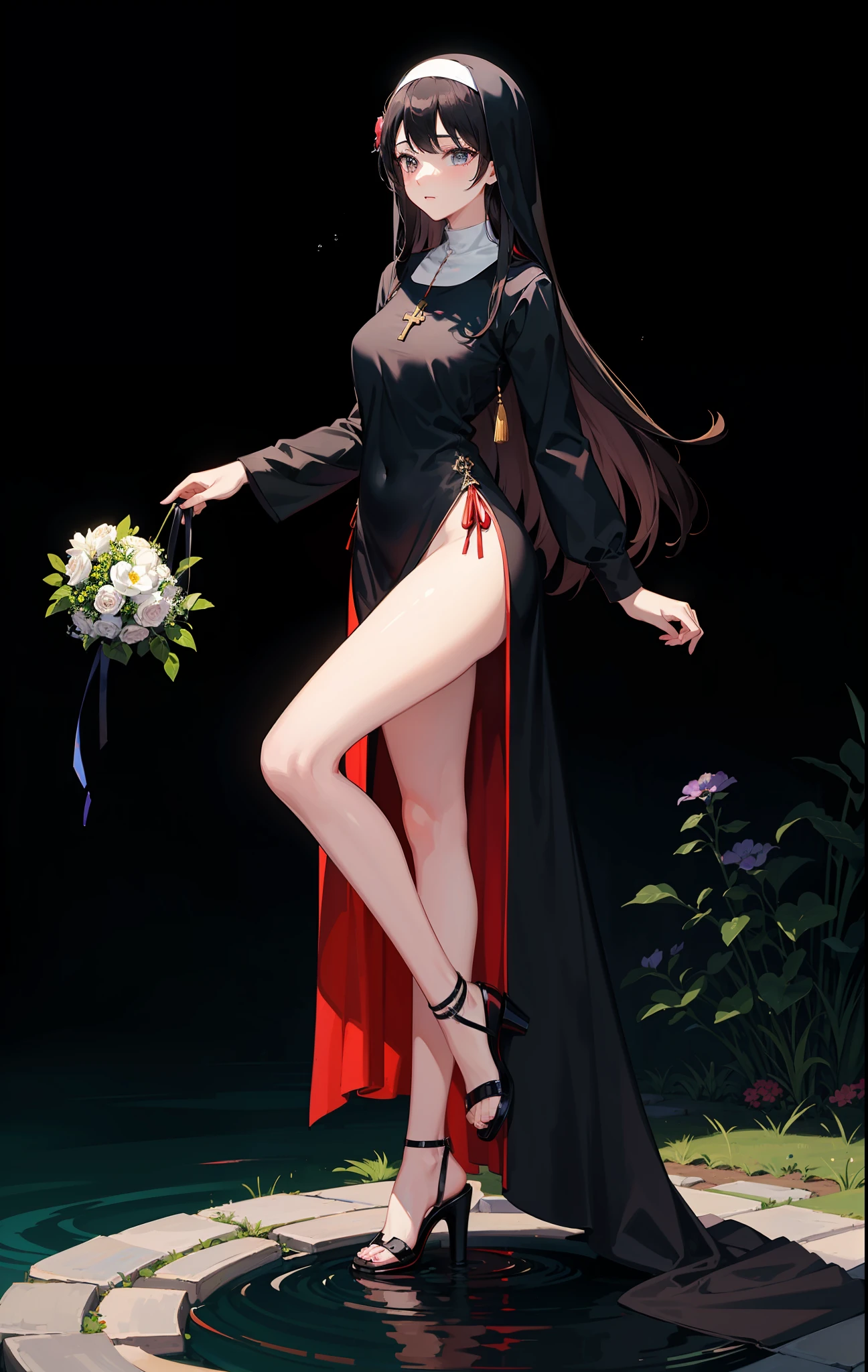 ((full bodyesbian)), Young nun, extremely long black hair, ((Charming, self-assured)), vine、Flowers and water creeks, Sharp shadows, Vivid colors, rays of sunshine, [black heels，With ankle strap], Natural pose, Black velvet gloves,
