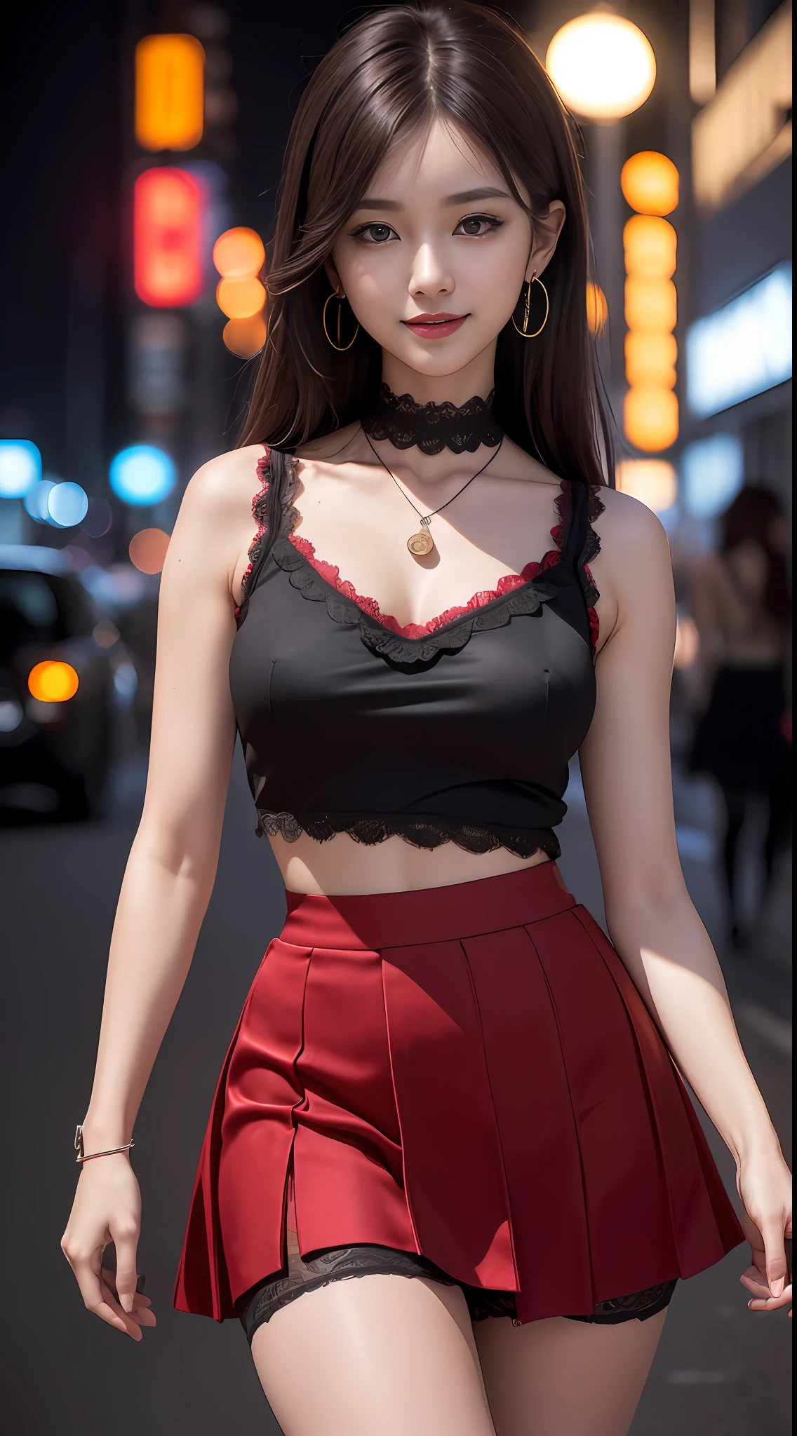 8k, masterpiece, RAW photo, best quality, photorealistic, extremely detailed CG unity 8k wallpaper, Depth of field, Cinematic Light, Lens Flare, Ray tracing, (extremely beautiful face, beautiful lips, beautiful eyes), intricate detail face, ((ultra detailed skin)) 1girl, in the dark, deep shadow, pretty korean girl, kpop idol,(very slim slender fit-muscled body:1.3), ((looking at viewer)),(big smile:1.3), (tight mini skirt, sleeveless), (fashion city night, (neon sign), (big building), fashion street night),(no people), (without people in the background:1.3), pretty korean girl, white diamond earrings, dia bracelets, dia necklace, pantyhose, clear eyes, walking , front shot, (pale skin), face forward, (big eyes), ((upper body shot)), ((silk Laced)), ((black, red color skirt:1.3)), (brown hairs) (looking at viewer:1.3), (see through blouse), (laced panty), open breast, very slim, medium breasts, have a sheen nipples, camel tau, vulva shape:1.25