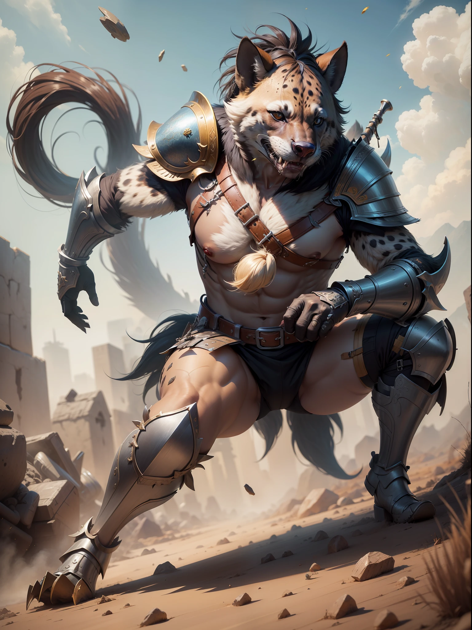 Top image quality、top-quality、ultra-detailliert、4K,8K,Expression of fine hair、Hyena warrior picking up weapons and armor that have fallen to the ground、savanna、Dust、Weapons and armor rolling on the ground