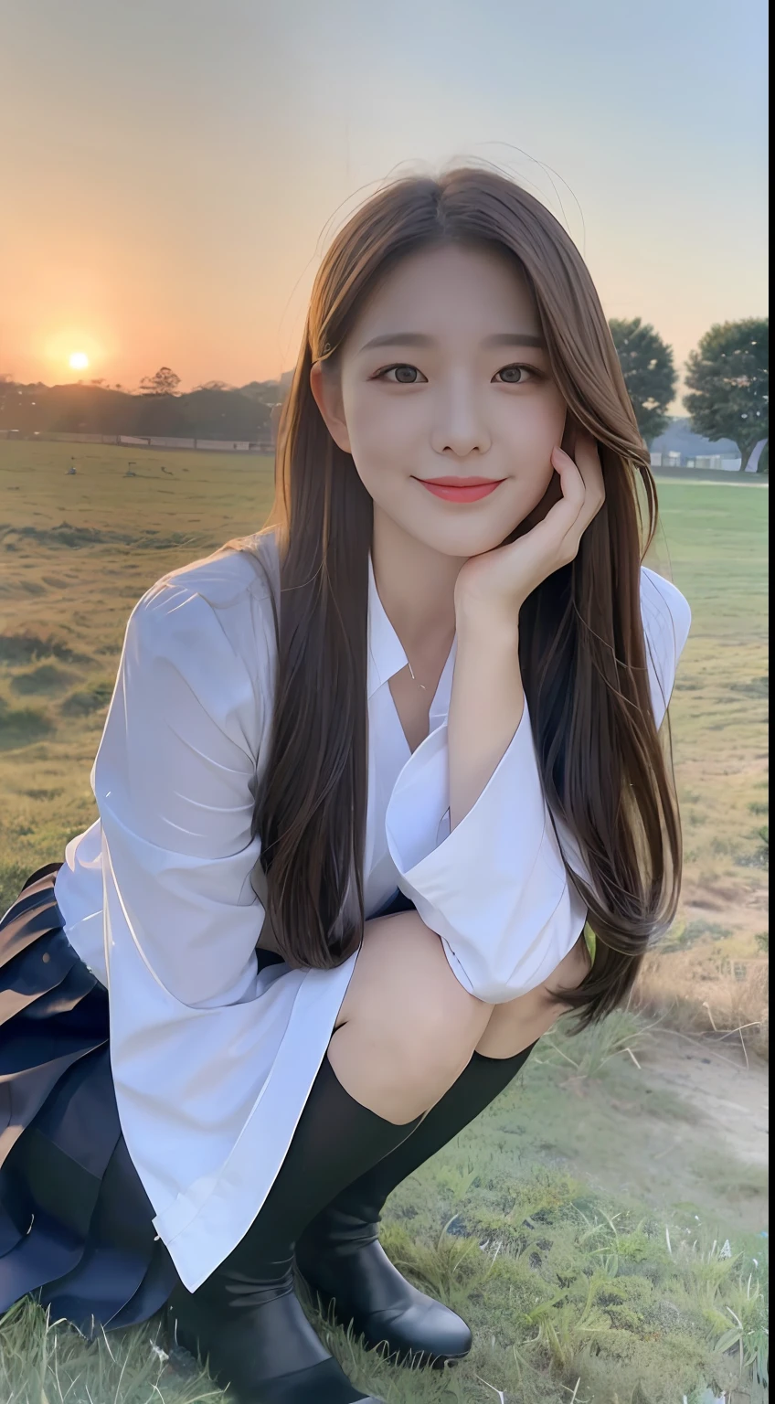 (1 Korean star with royal sister style), ((Best quality, 8K, 巨作: 1.3)), focal point: 1.2, Perfect body proportions: 1.4, (Make a smile), (Sunset: 1.3), Watery eyes, Highly Detailed Face and Skin Textur, Fine eyes, Double eyelids, Whitens the skin, (long whitr hair, Air bangs: 1.3), (Round face inches: 1.5), (Compassionate 1.4),Wear pleated skirts(Sketch 1:2,) black lence stockings(grassy fields,suns,clouds,Tano,farms,starlights,footpath)