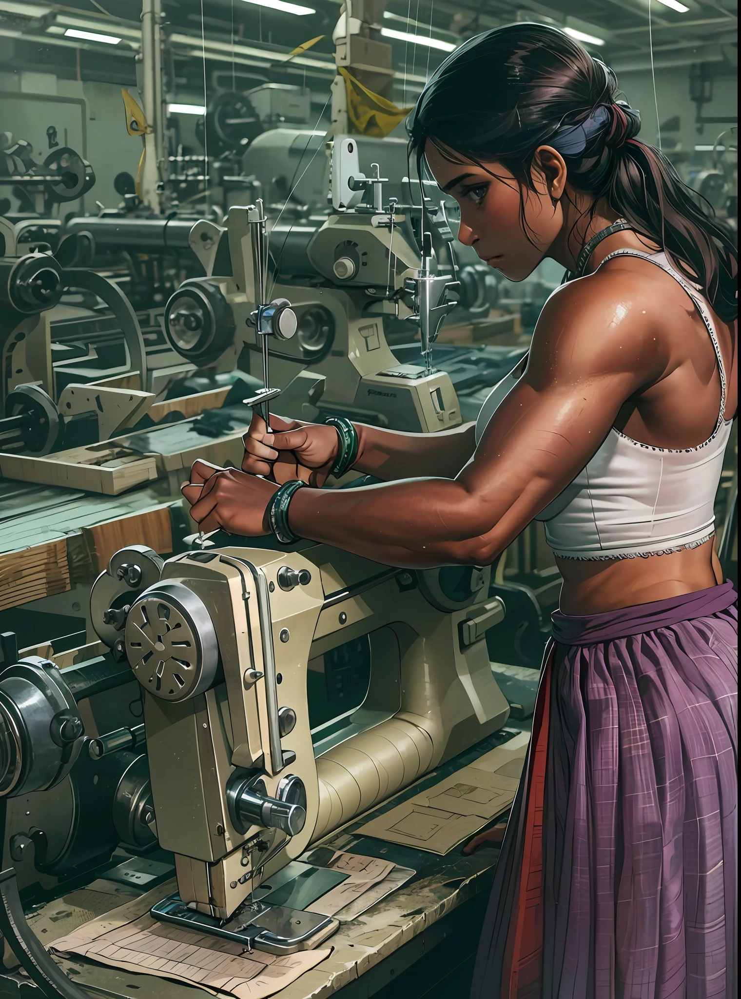 a Sri Lankan girl working on a sewing machine in a factory, ((muscular body)), detailed, ((detailed body)), (dynamic pose)