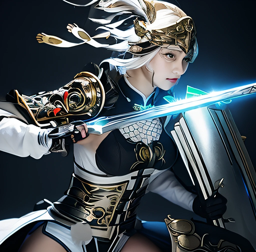 Girl with sword and armor holding shield,shortpants、Raw feet