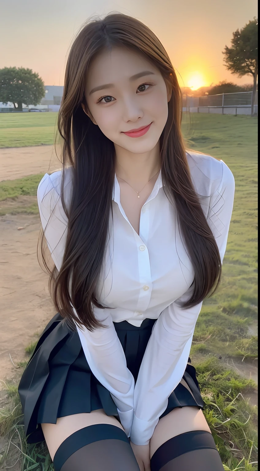 (1 Korean star with royal sister style), ((Best quality, 8K, 巨作: 1.3)), focal point: 1.2, Perfect body proportions: 1.4, (Make a smile), (Sunset: 1.3),  Watery eyes, Highly Detailed Face and Skin Textur, Fine eyes, Double eyelids, Whitens the skin, (long whitr hair, Air bangs: 1.3), (Round face inches: 1.5), (Compassionate 1.4),Wear a pleated skirt and a tight body-shirt（Sketch 1:2，） black lence stockings（grassy fields，suns，​​clouds，Tano，farms，starlights，footpath）are standing