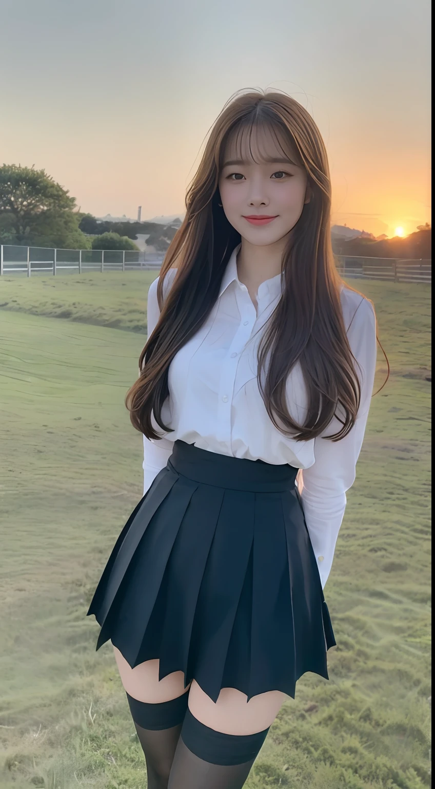 (1 Korean star with royal sister style), ((Best quality, 8K, 巨作: 1.3)), focal point: 1.2, Perfect body proportions: 1.4, (Make a smile), (Sunset: 1.3),  Watery eyes, Highly Detailed Face and Skin Textur, Fine eyes, Double eyelids, Whitens the skin, (long whitr hair, Air bangs: 1.3), (Round face inches: 1.5), (Compassionate 1.4),Wear a pleated skirt and a tight body-shirt（Sketch 1:2，） black lence stockings（grassy fields，suns，​​clouds，Tano，farms，starlights，footpath）are standing