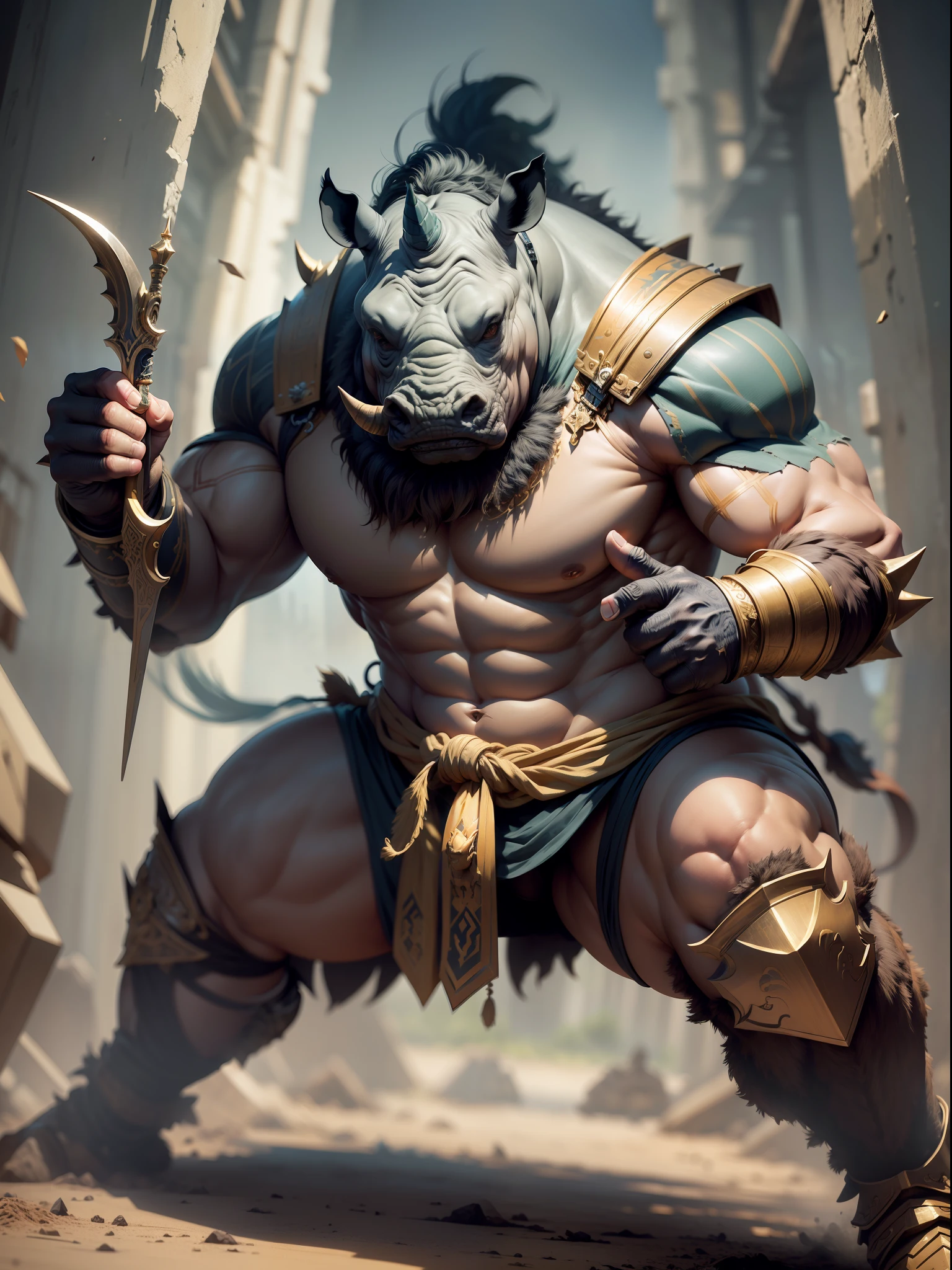 (masterpiece:1.3),top-quality,Top image quality,Intricate details,Heavily armed rhino warrior、Lunging with shoulder tackle towards the camera、,savanna、Beastman