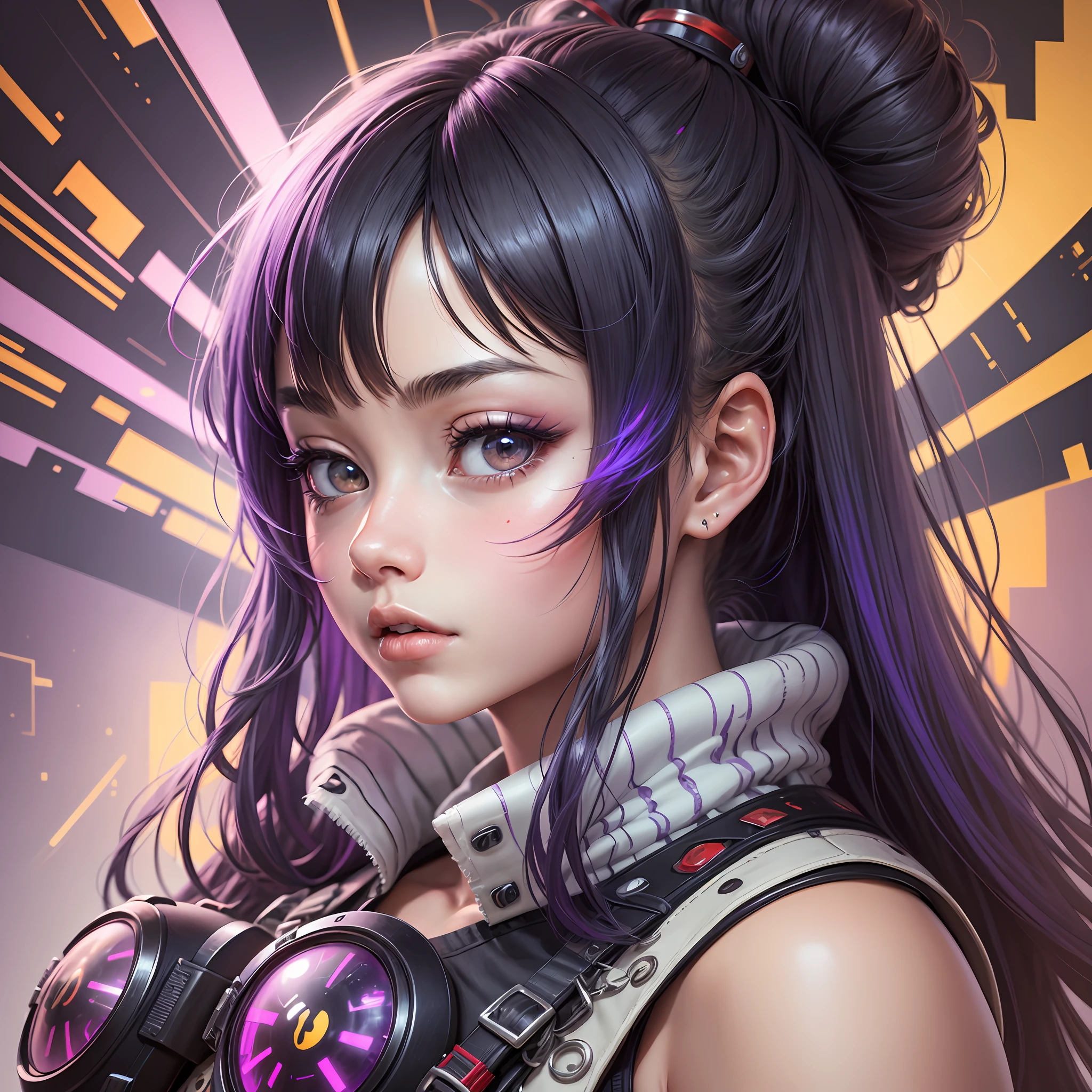 Young, beautiful, exotic, shameless girl, anime girl, well-defined hair,Black eyes, facial focus, looking at camera,((anime style)),abstract purple background, maximun upscale, artwork,lots of details, specific details, hypermaximalist, ultra graphics, very high graphics, very high realism,realistic, hypermaximalist, 4k, 8k, amazing, maximum quality, extreme realism, uhd, shaders, ultra realistic, hypermaximalist, ultra graphics,ultra details. --auto --s2