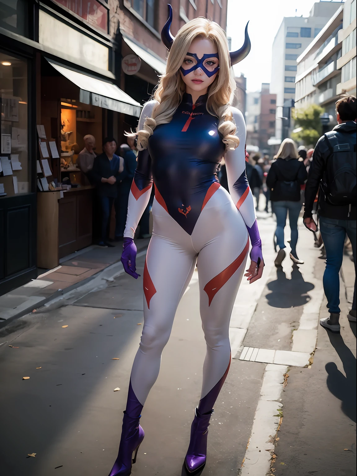 (masterpiece, best quality:1.4), (on the street), (full body:1.2), (from front), (standing:1.5), 1girl, solo, looking at viewer, mtladymha, boku no hero academia, bodysuit, (purple and white bodysuit), pink eyes, domino mask, long hair, blonde hair, horns, y big smile, highly detailed face, highly detailed skin, skin pores, highly detailed face, higly detailed eyes, subsurface scaing, realistic pupils, medium breast,face blush, full lips, detailed background, depth of field, volumetric lighting, sharp focus, absurdres, realistic proportions, good anatomy, (realistic, hyperrealistic:1.4), 16k hdr,