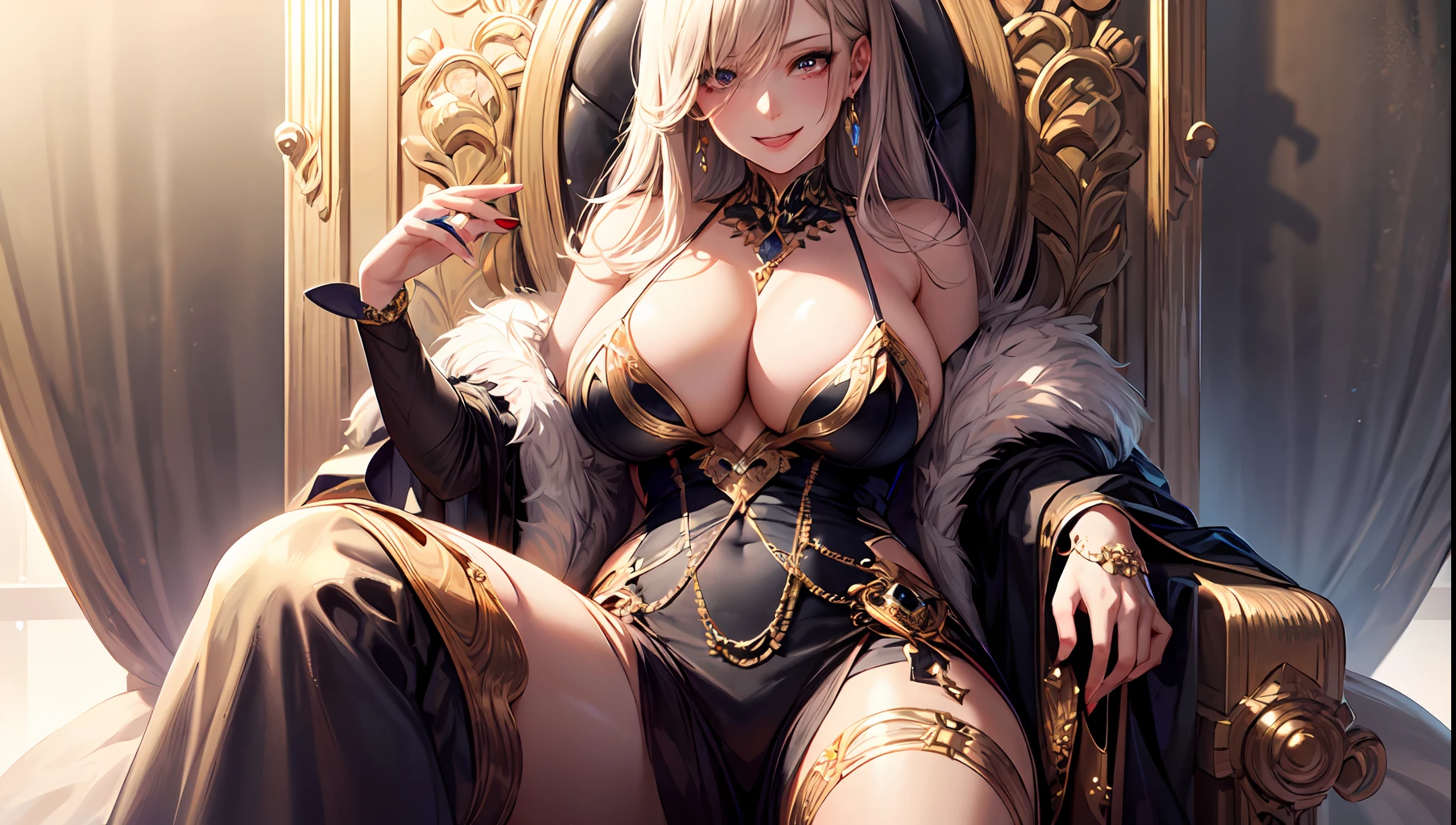 shoujo-style, 1girl, solo, masterpiece, best quality, detailed face, perfect face, perfect eyes, big eyes, ganrealistic eyes, bright pupils, (evil smile:1.2), Gesugao, madman, empy eyes, crazy expressions, long eyelashes, looking at viewer, big breast, (cleavage), golden, jewelry, shiny skin, (mature female, large breasts), realistic, royal dress, queen, tiara, fantasy, crown, chain, sitting on throne, (robe:0.8), fur,