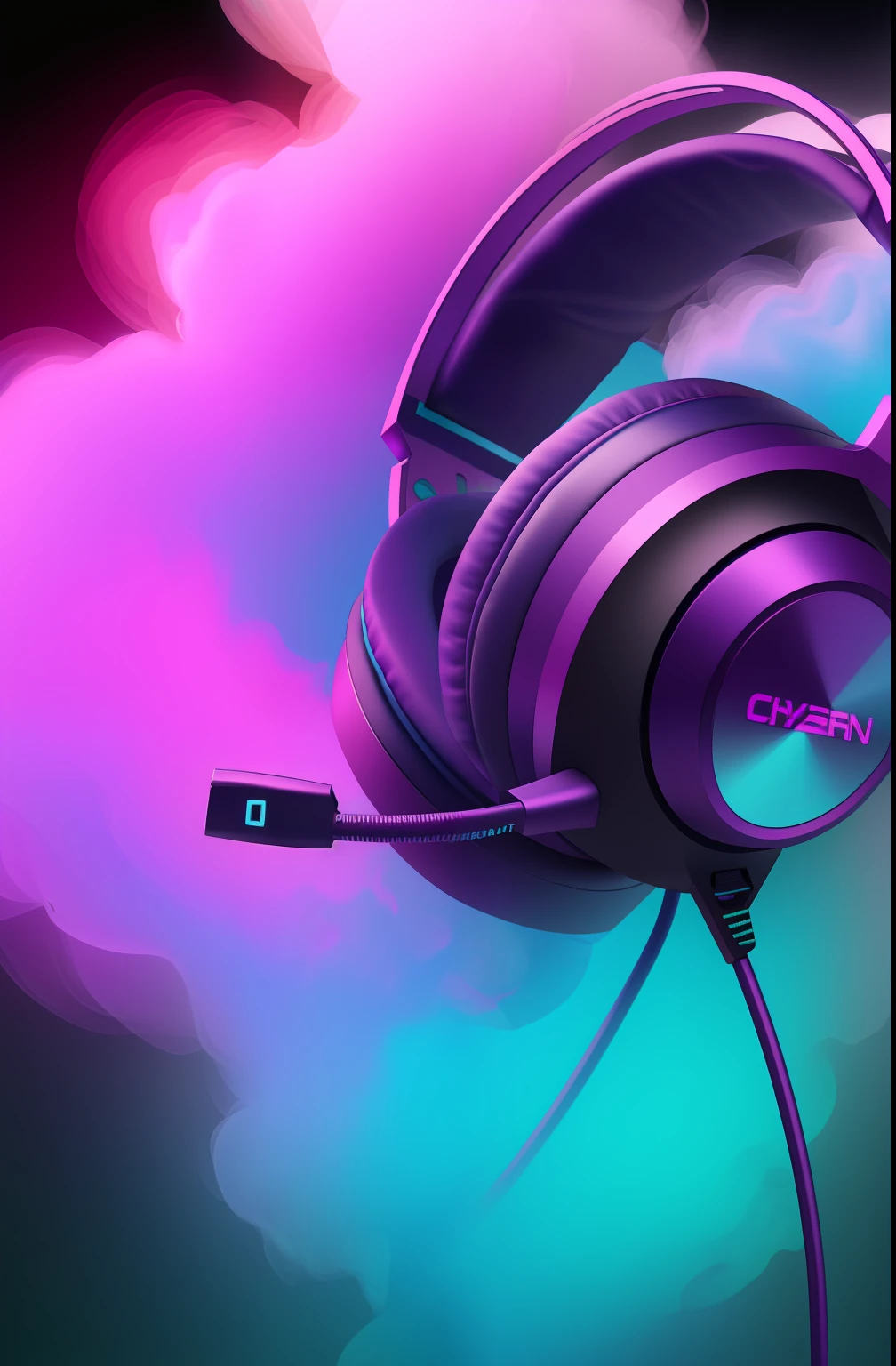 Headset, cyan and purple gradient background, Colored smoke in the headset, super Realista