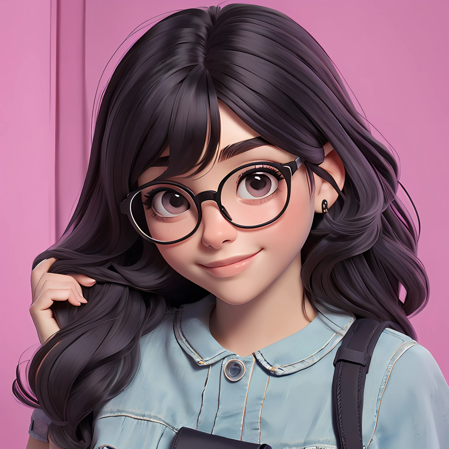 uma menina jovem, gordura, Eyeglasses, de pele preta tom negro, Seu cabelo esta solto, pavor, fone de ouvido, com rendas delicadas, tom acizentado, roupas leves, mochila, fone de ouvido, corpo inteiro, The background is filled with a pastel shade, evoking a sense of lightness and happiness.