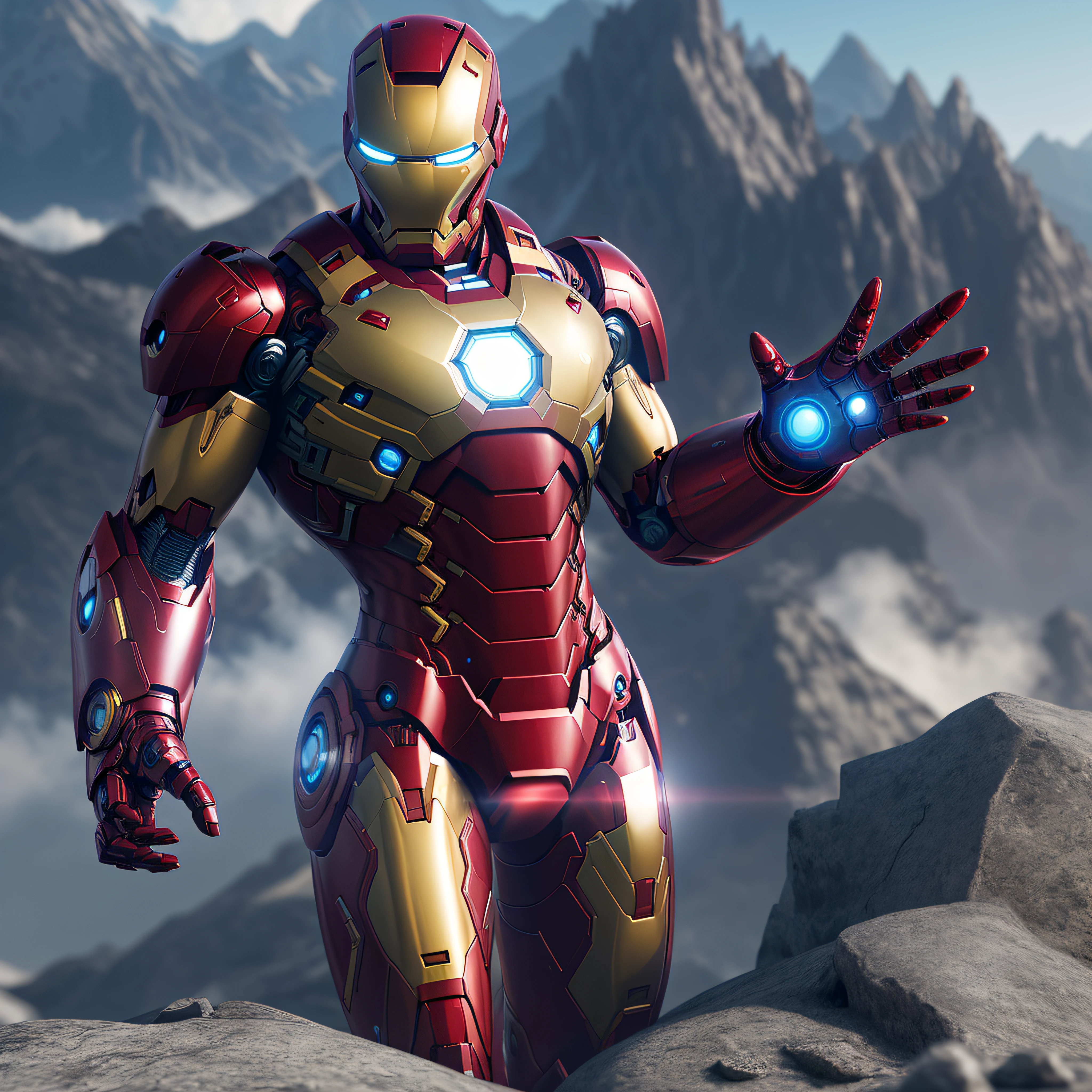 Ultra-HD, Ray Traced, Ray Tracing Ambient Occlusion: FXAA: RTX, Iron Man on top of a mountain, technological armor, ultra futuristic.
