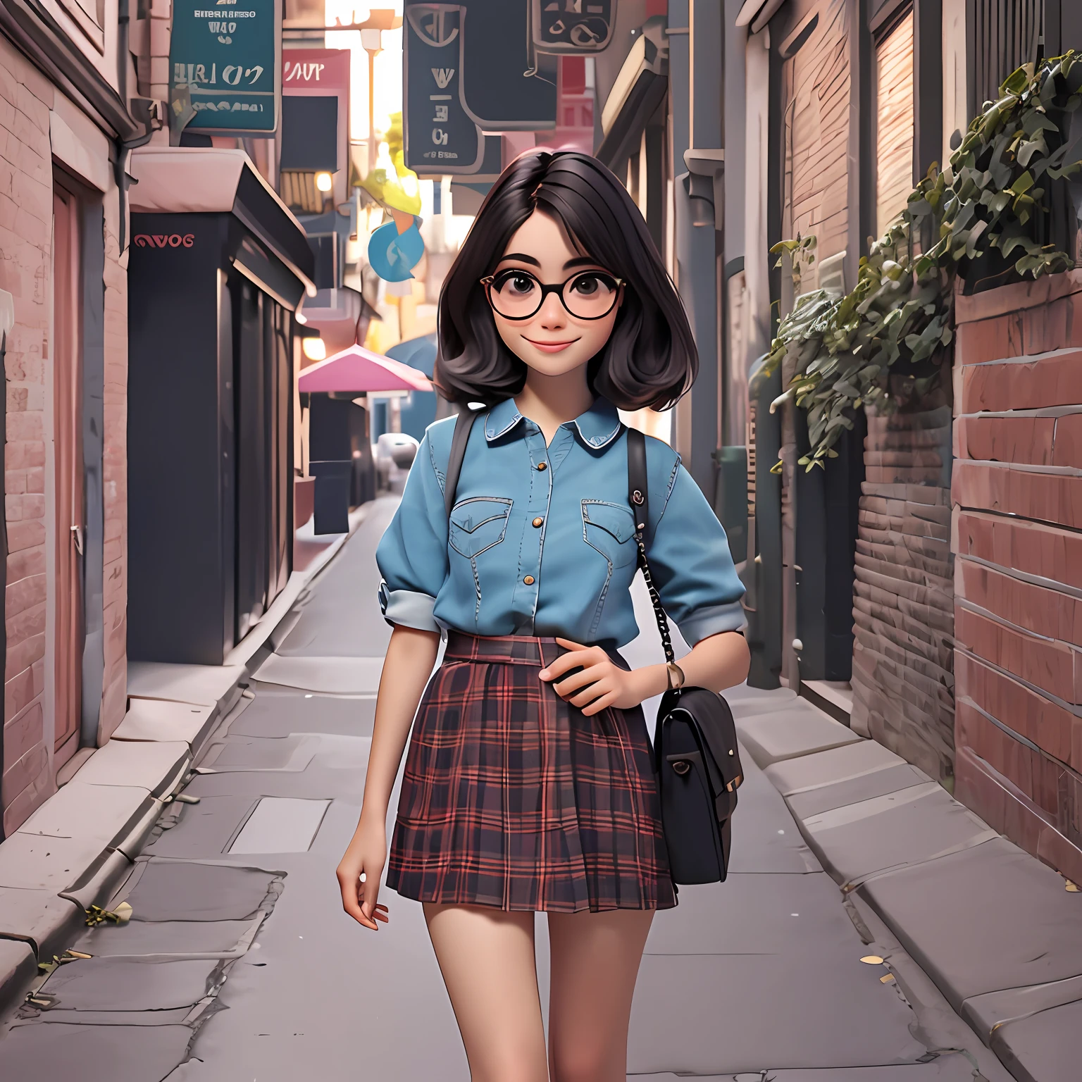 uma menina jovem, gordura, Eyeglasses, de pele preta tom negro, Seu cabelo esta solto, pavor, fone de ouvido, com rendas delicadas, tom acizentado, roupas leves, mochila, fone de ouvido, corpo inteiro, The background is filled with a pastel shade, evoking a sense of lightness and happiness.