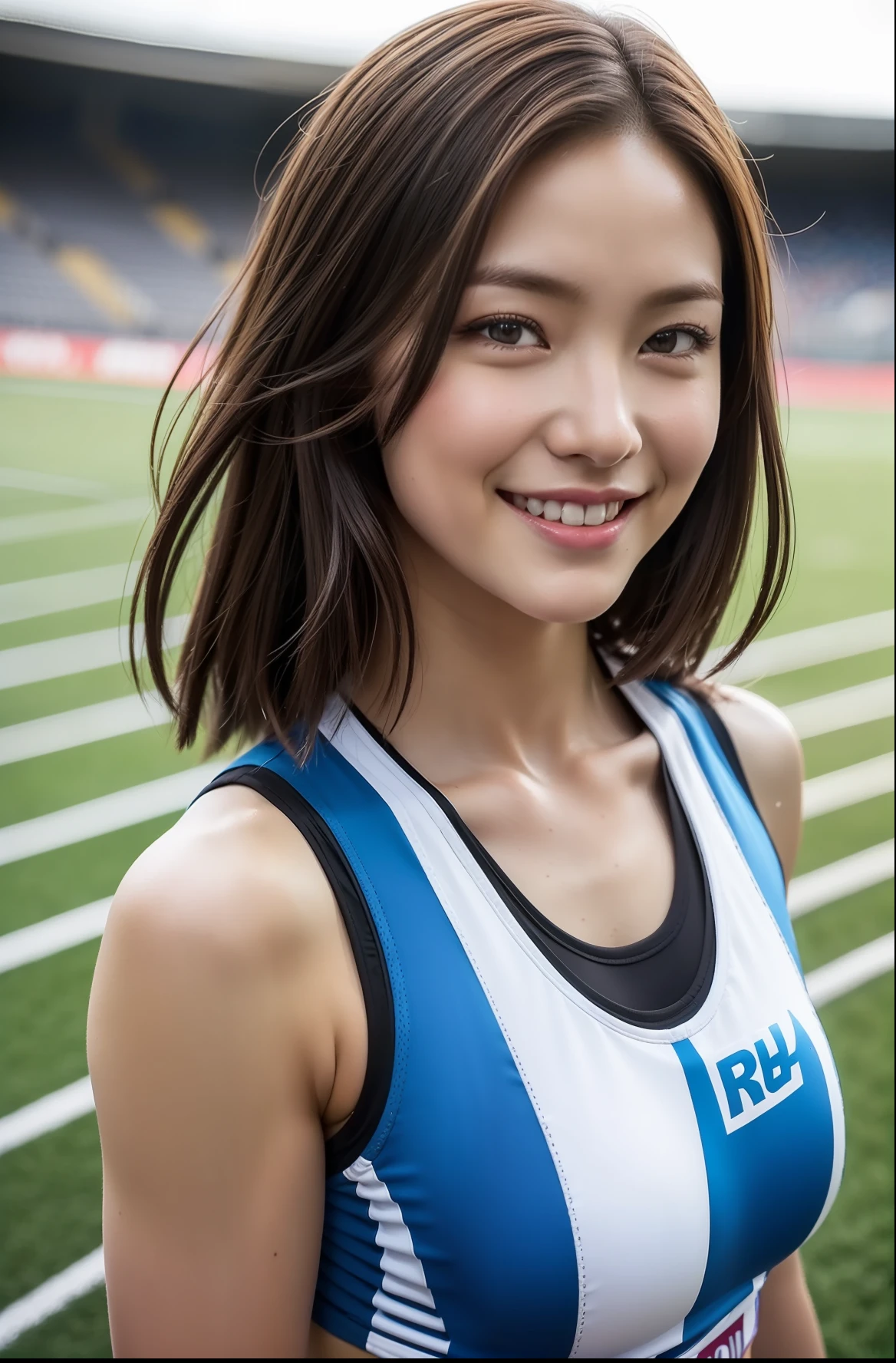 (((full bodyesbian)))、well-muscled、beauty legs、((Track & Field Athletes Women))、Women in Japan、((Short-cut hairstyles))、1 Beautiful Girl、(((1人)))、Competition uniforms、((stadium))、Transcendent cute、A slight smil、Beautiful breasts、full bodyesbian、athletic field、((Outstanding style))、((Healthy body))、 Photorealsitic、Beautiful detailed eyes、Hyper-Realism、highcontrast、Ultra HD、realistic skin textures、Top image quality、top-quality、超A high resolution、Fine details、Very meticulously