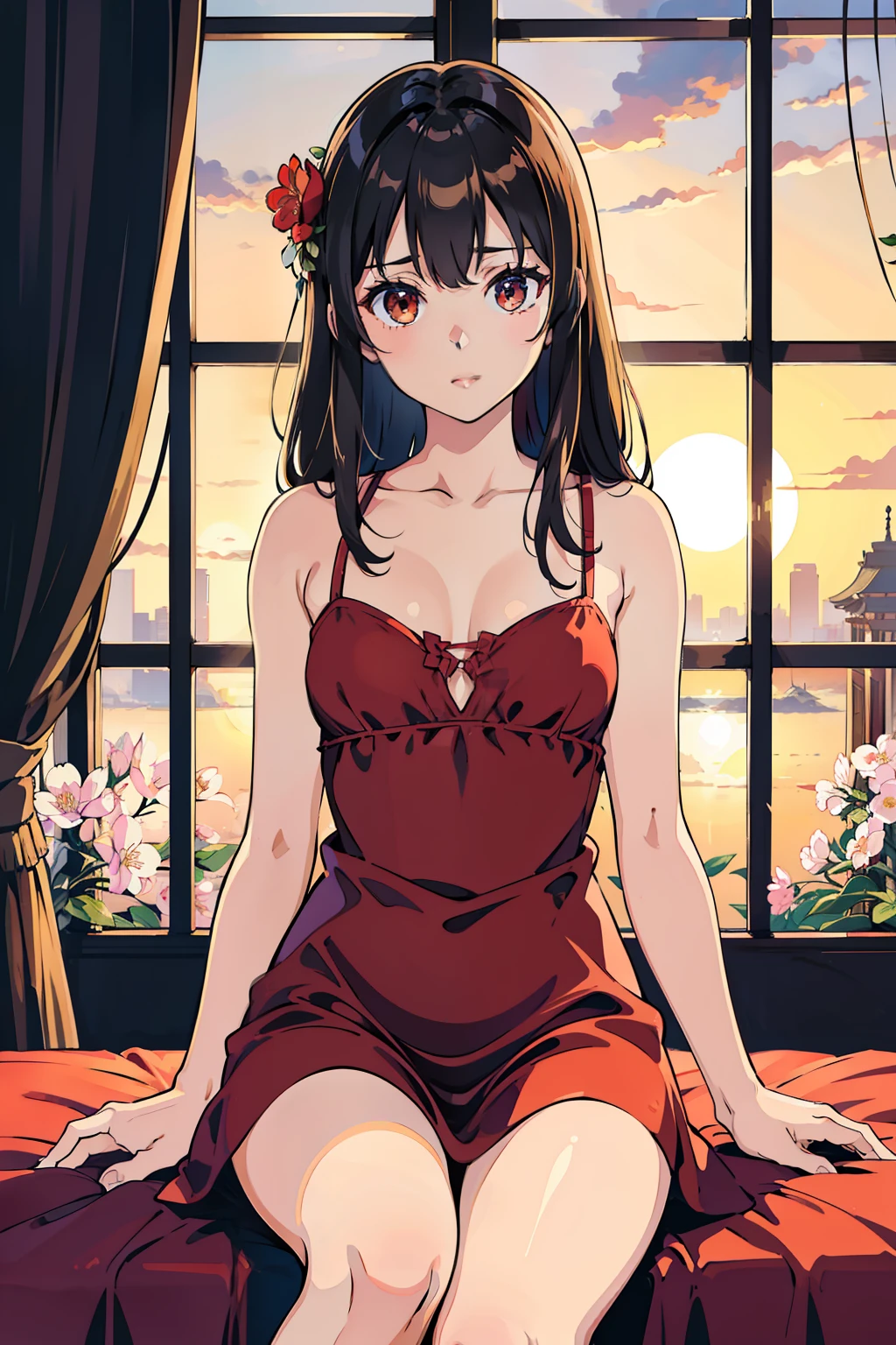 Amazing, 最好质量 , Ultra-detailed, A high resolution, Extremely detailed,Best quality ,Masterpiece, illustration, An extremely delicate and beautiful, Extremely detailed ,CG ,8K wallpaper, Amazing, finedetail, Masterpiece,Best quality,offcial art,,closeup cleavage,volumettic light,Mood lighting,((the setting sun)),Outside the window,blossoms,,𝓡𝓸𝓶𝓪𝓷𝓽𝓲𝓬,True light source,1girll,thighs focus,brunette color hair,((Red silk nightdress)),sit on a bed,Red sheets,smallunderboob,M open legs,Bare legs,Absolute realm