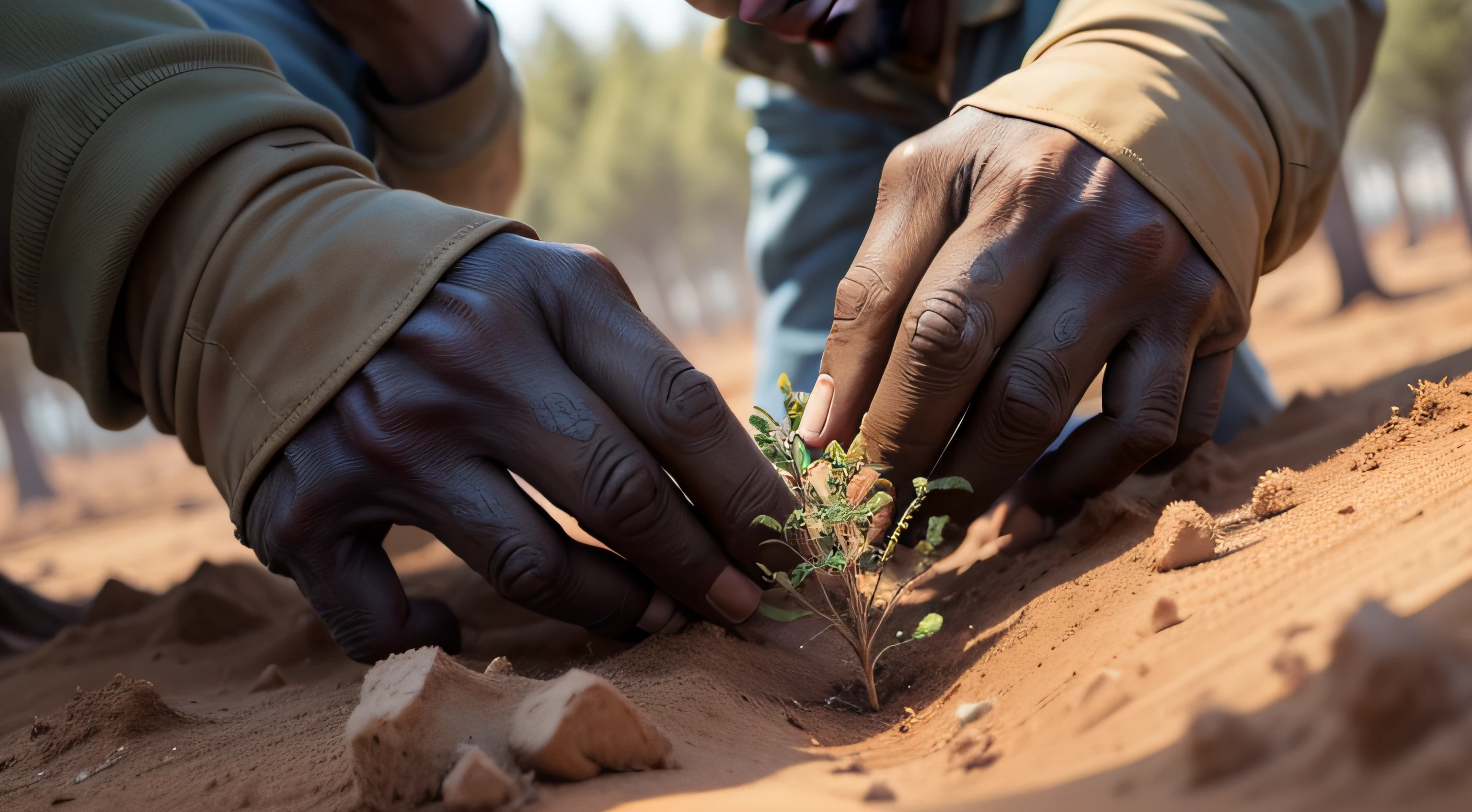 Hands of African American person planting trees. Reforestation