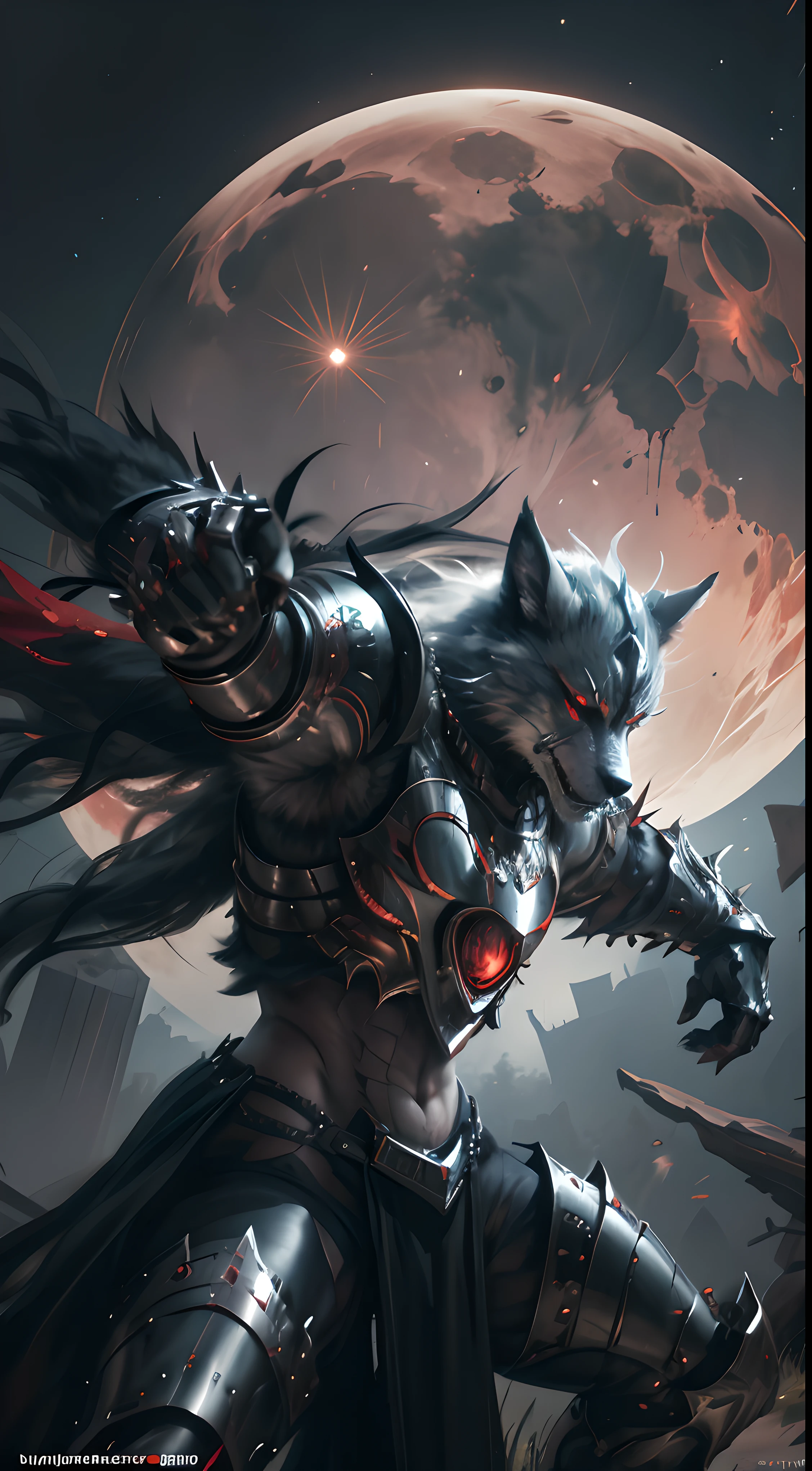 Werewolf warrior，Wearing silver armor，The armor is inlaid with this delicate cyberpunk pattern，Black wolf "Scarlet eyes"，Ferocious，Fighting posture，Hunting，Dangerous forests，Midnight Moon（Detailed, high-resolution picture），Blood-colored moon，1 Anger，Fearless wolves。howls，The large，strongman。Powerful wolf tail，Delicate and delicate mane on the tail。