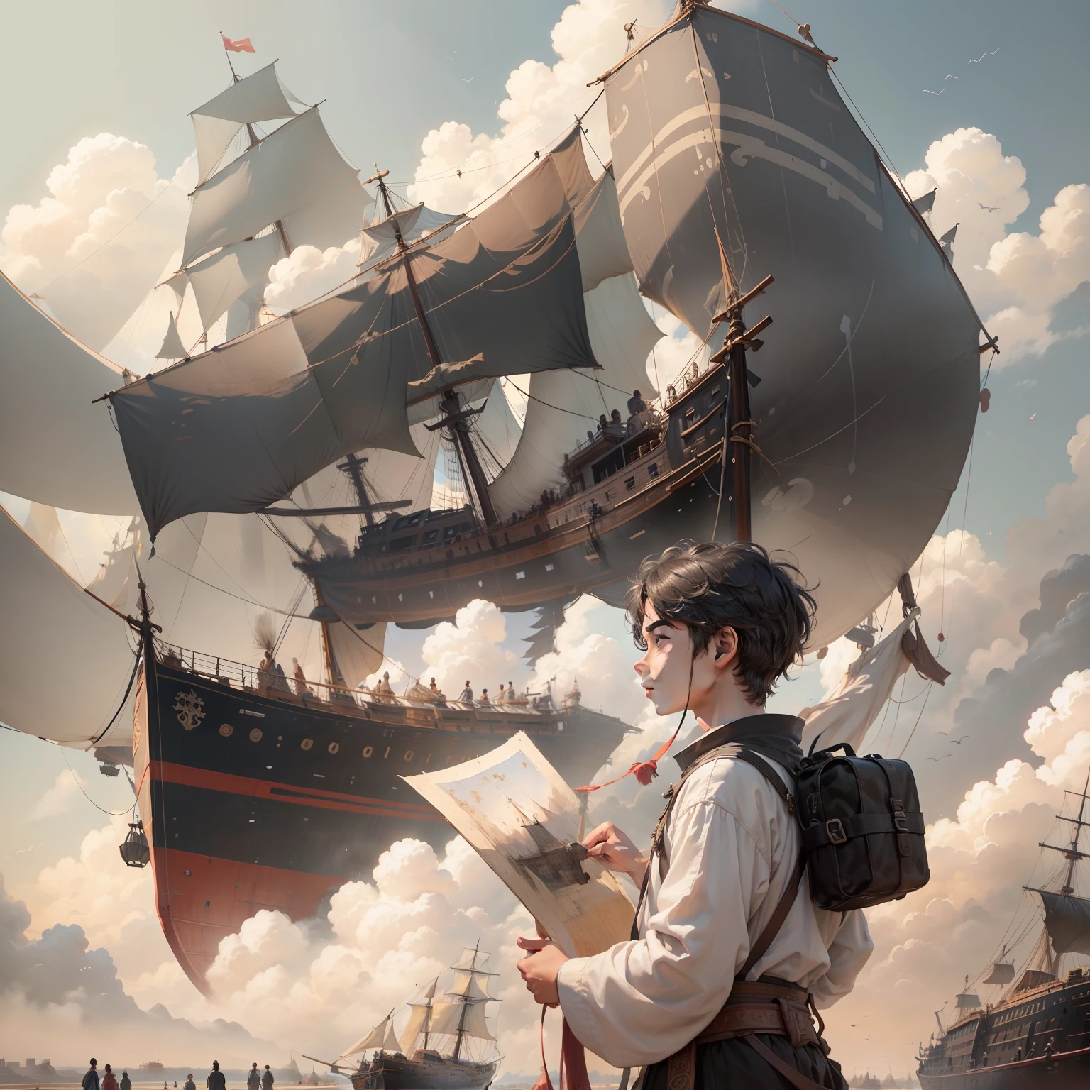 Youth, Young people, Landscape painting, character drawing, Small view, Bigger, Young people are not old uncles, Chinese painting, Landscape painting, Oil painting Clear face Clear facial features Boy Normal person Big ship Ancient poetry ship Ancient ship Black tent ship White tent boat Landscape Boy Male god Boy Antique boy