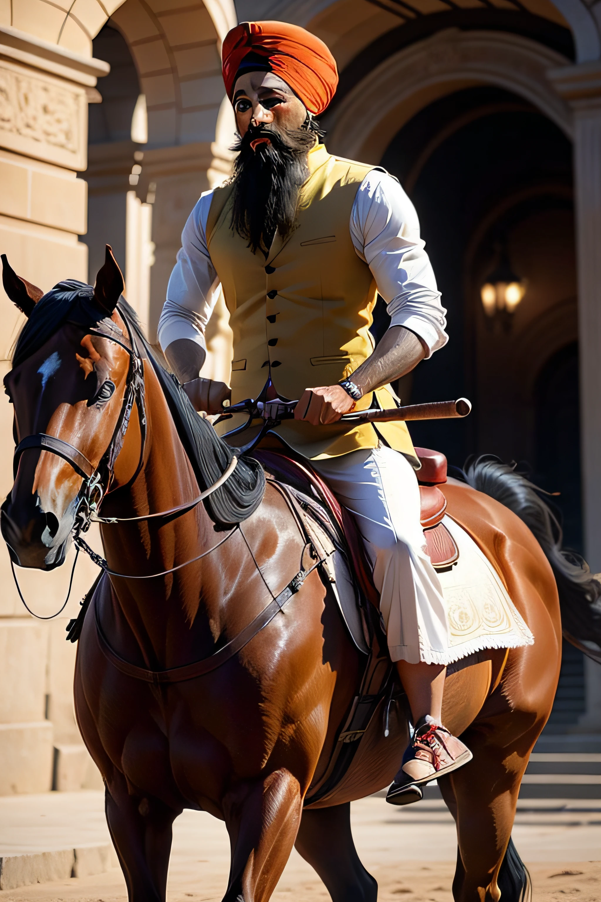 A sikh riding on horse