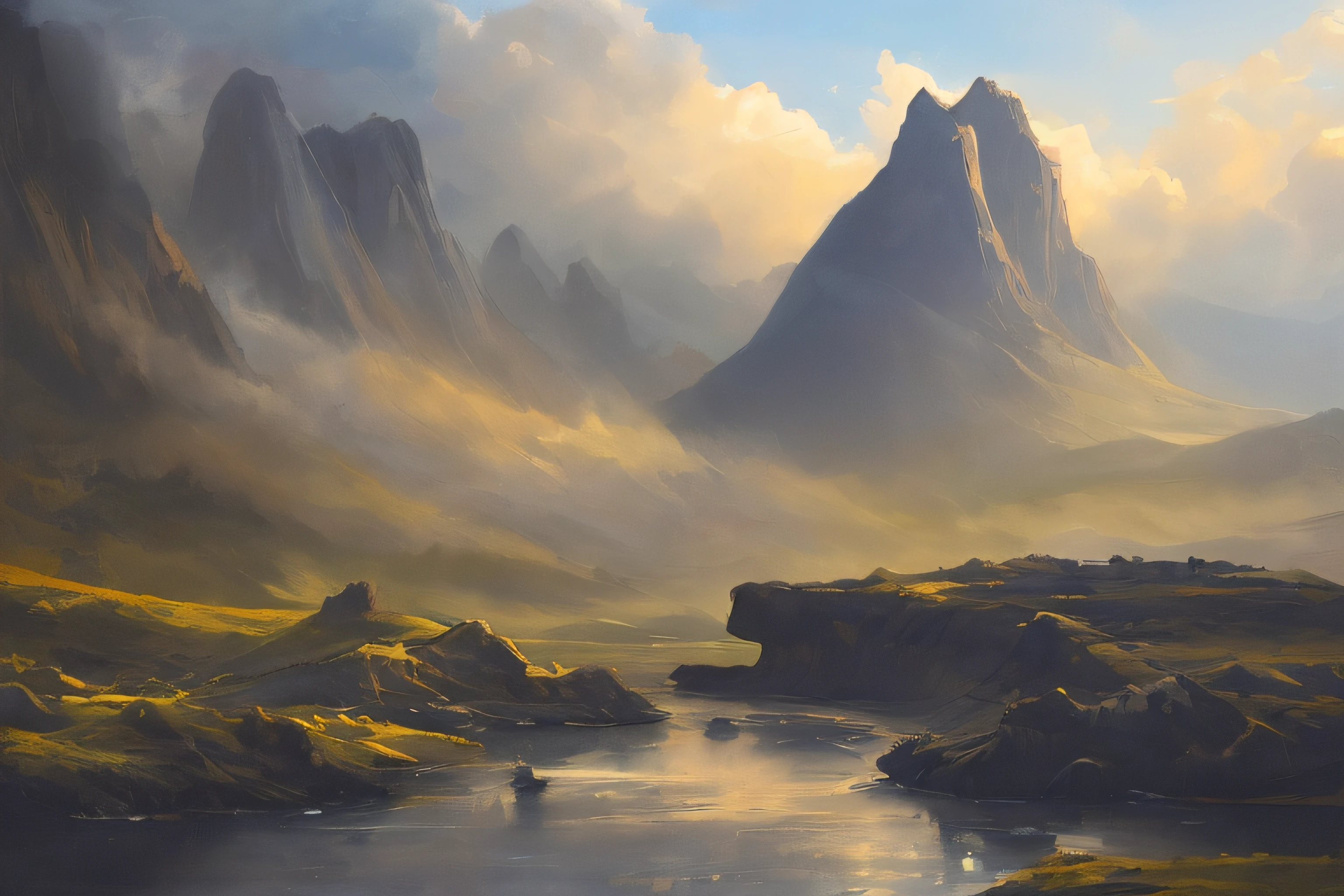 samdoesarts style. physical palette knife painting, thick Oil paint, stunning landscape, vast scale, soft colors, muted contrast, extremely detailed and intricate.
single tower, mountain landcape, God rays, sharp focus