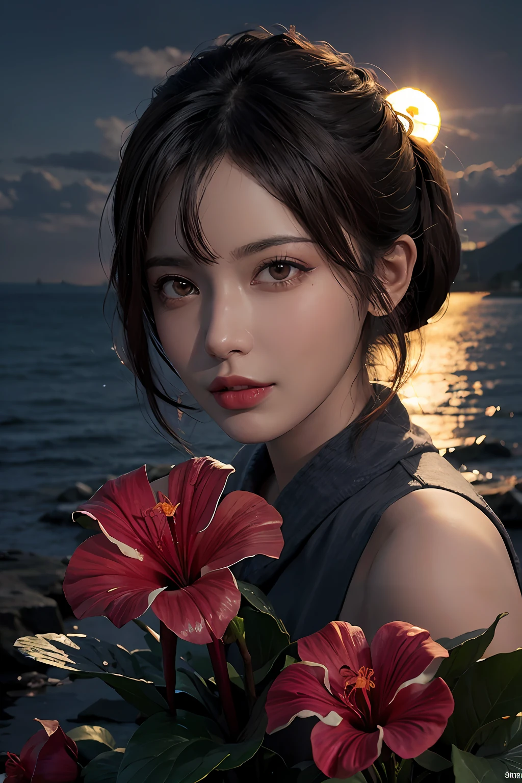 hibiscus Moon with water drops,neon glow, random background, sun rise, bokha mood