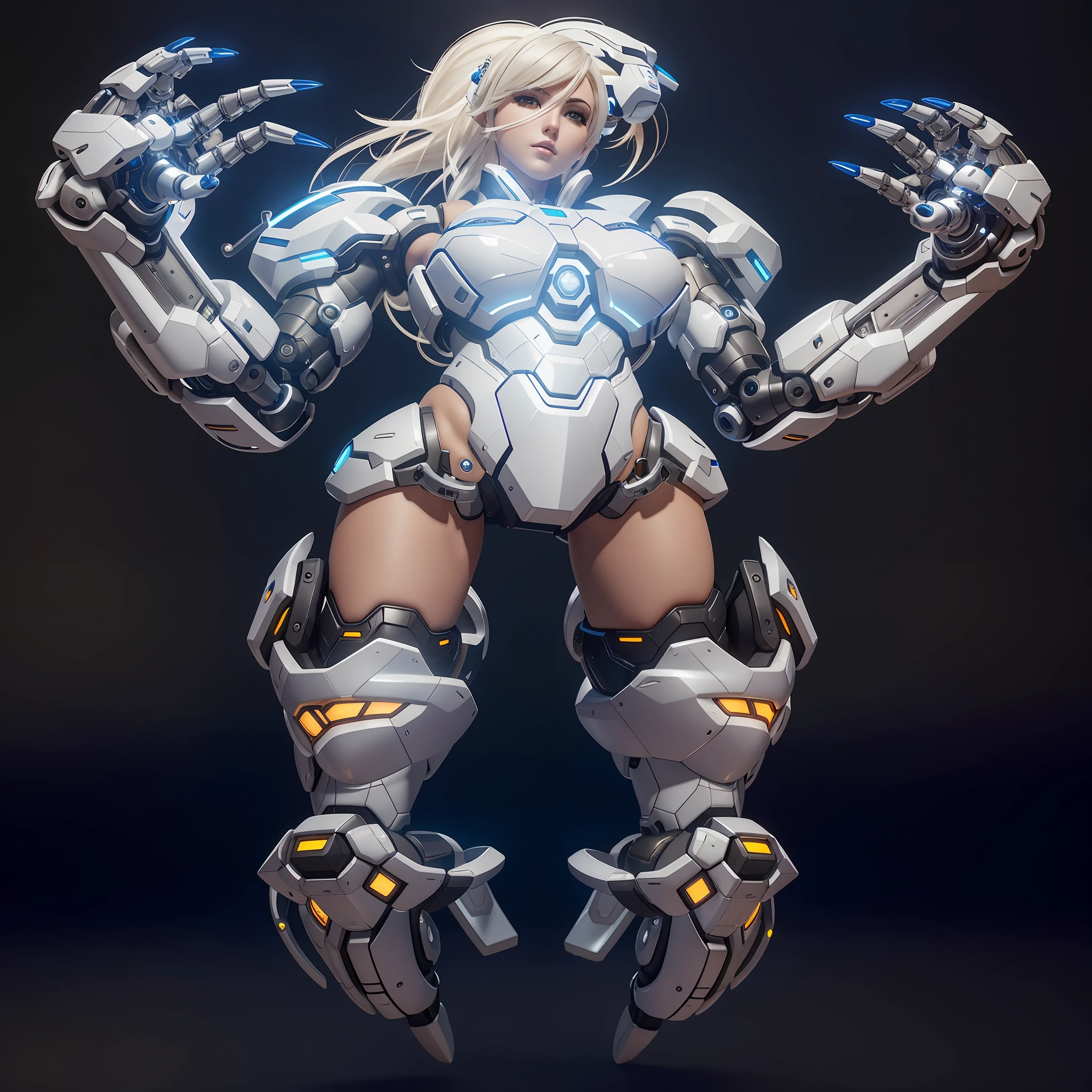 Close-up of a woman in a futuristic suit,The arm is a robotic arm, female mecha, girl in mecha cyber armor, ferra white mecha, in white futuristic armor, echo from overwatch, white biomechanical details, Mecha suit, sci fi female character, detailed full-body concept, sci - fi character, Mecha Inspiration