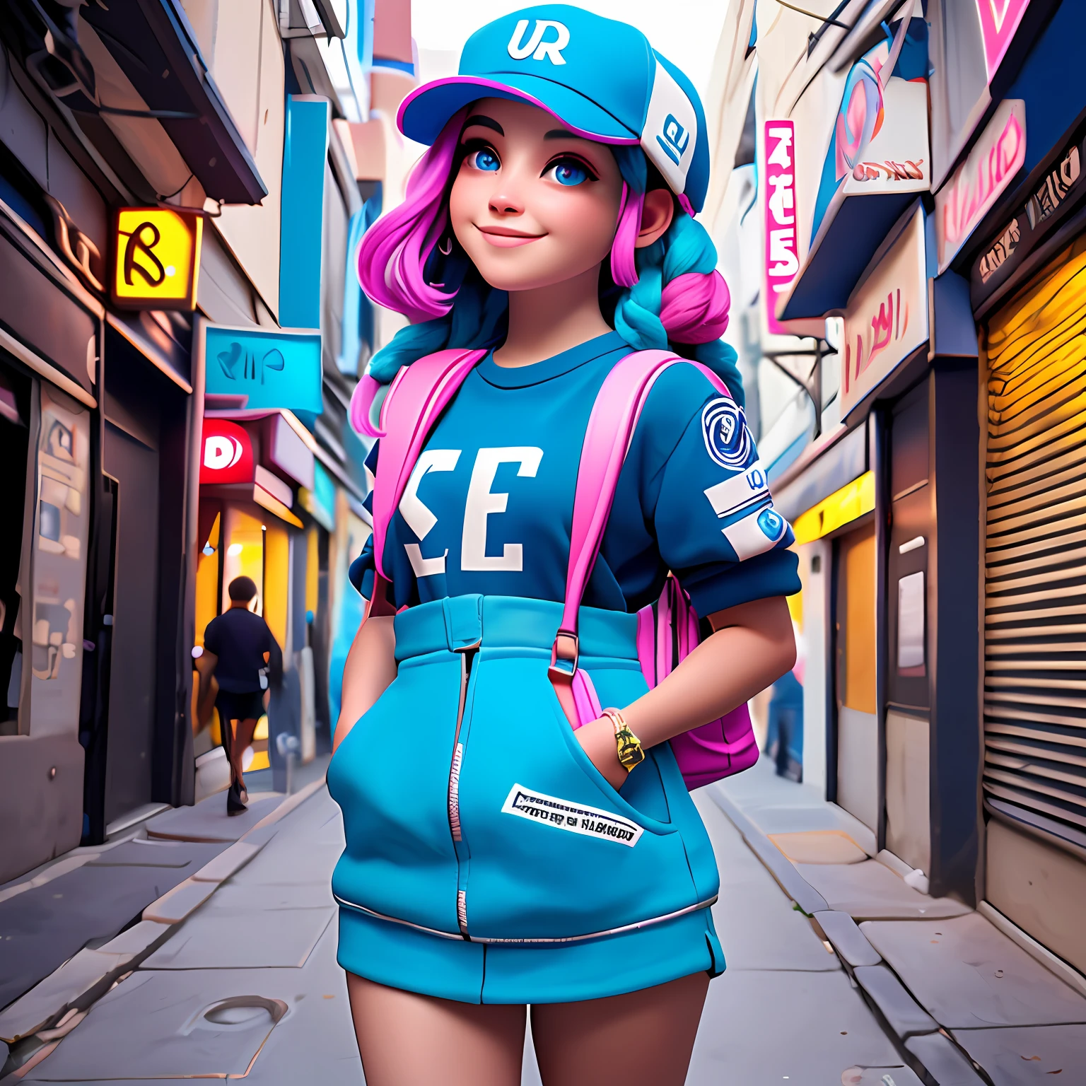 uma jovem, Seu cabelo esta solto, com rendas delicadas, tom branco neon, cabelo preso, roupas leves, mochila, fone de ouvido, dread's azul escuro, corpo inteiro, The background is filled with an urban tone, evoking a sense of lightness and happiness.