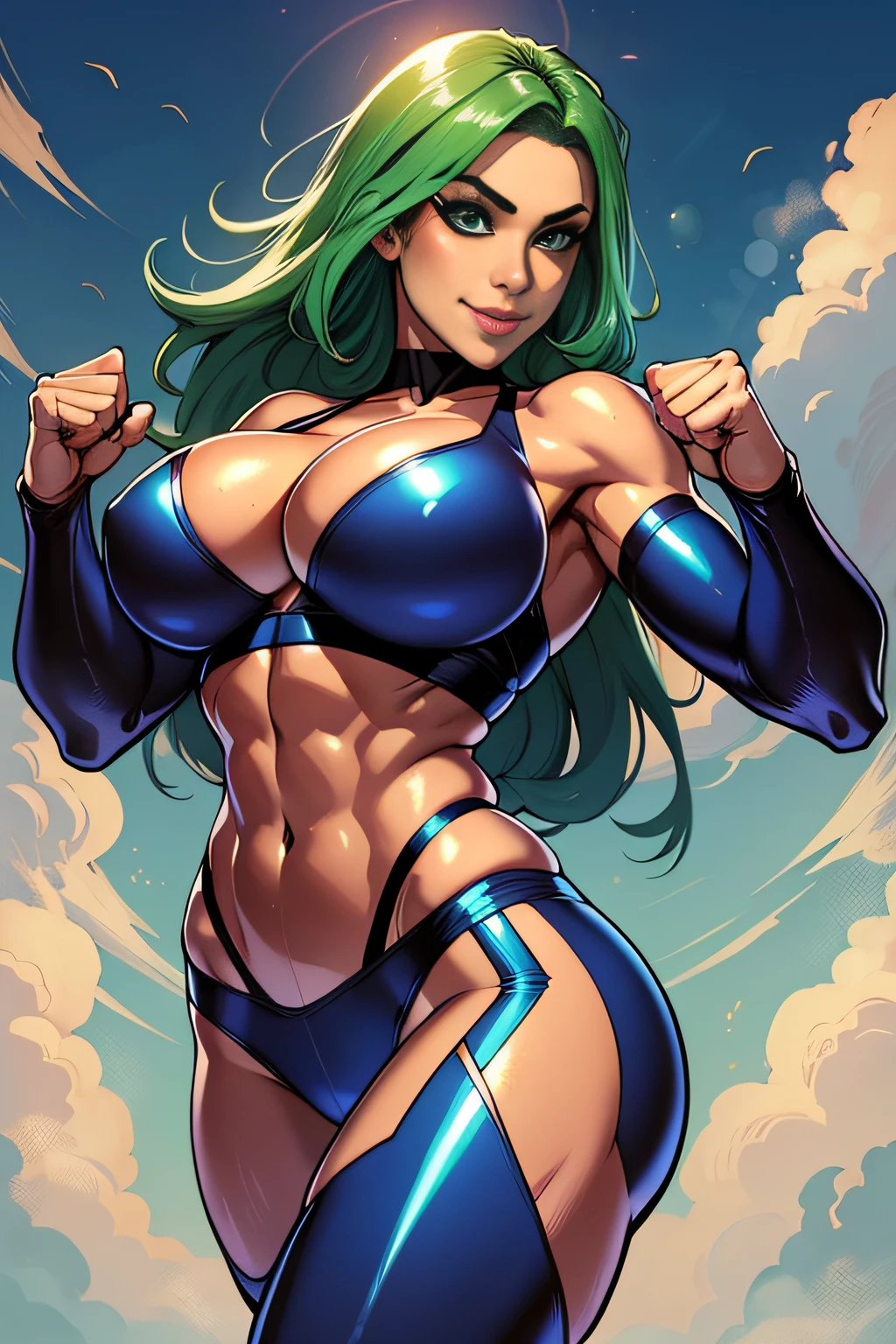 Fighting game characters、Five-fingered、Big breasts about to burst、cleavage of the breast、One Woman Alafe、Green hair、Slender and long legs,、Fitness Model、musculature、abdominals、Height 175cm、Sky blue shiny martial arts suit、skin tanned、glistning skin、Cool smile、full-body view、Pose ready to fight