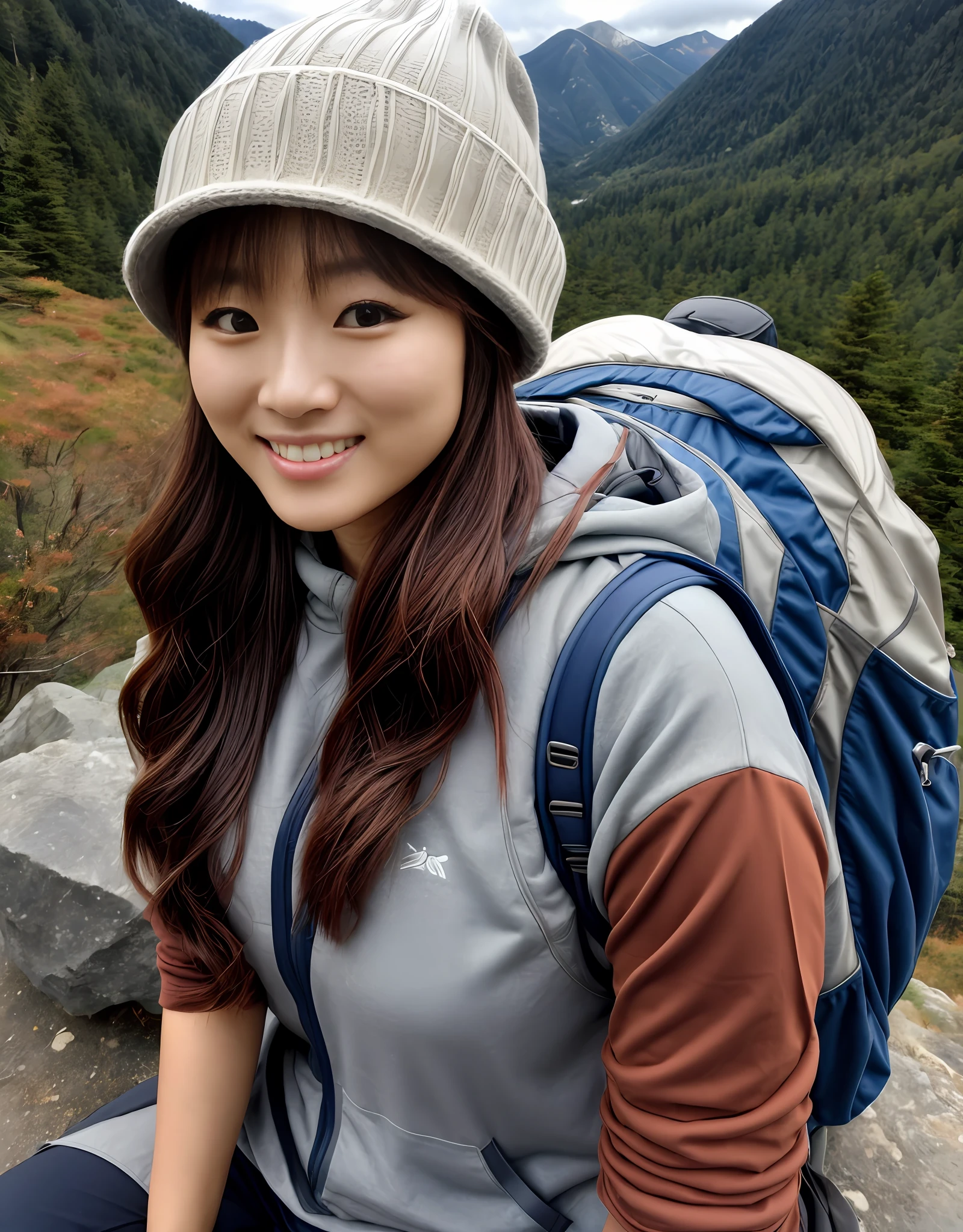 1 Korean woman（（Upper body selfie，cheerfulness）），tmasterpiece，Best quality at best，ultra - detailed，独奏，exteriors，（the night），mountain ranges，naturey，（As estrelas，themoon）cheerful，cheerfulness，backpacks，sleeping bag，Camping stove，kettle、hiking boots、mitts、Sweaters、Hats、flashlights、ln the forest、Rochas、rios、wood、smog、shadowing、to contrast、cloudless sky、analogue style（View the audience：1.2）（skin textures）（filmgrain：1.3） , (a warm color palette, a warm color palette) :1.2), closeup cleavage, cinematric light, Sideslit, 超高分辨率, best shadow, RAW, The upper part of the body, 25 age old,wearing pullover