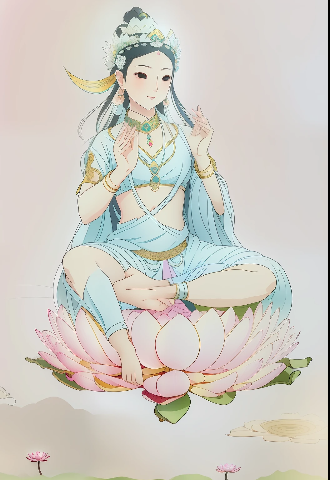 Beautiful fairy sitting on a lotus，perfect body figure，Fair skin is smooth and delicate，Bend your eyebrows，Big eyes are reflective，Hair crown，Hair drapes over the shoulders，hair flowing，choker necklace，Yingluo，bangle，Barefoot，Holding a lotus flower，Show your body，The character background has a circular aperture，Head background with circular light，with blue sky and white clouds，tmasterpiece，4K，超高分辨率，